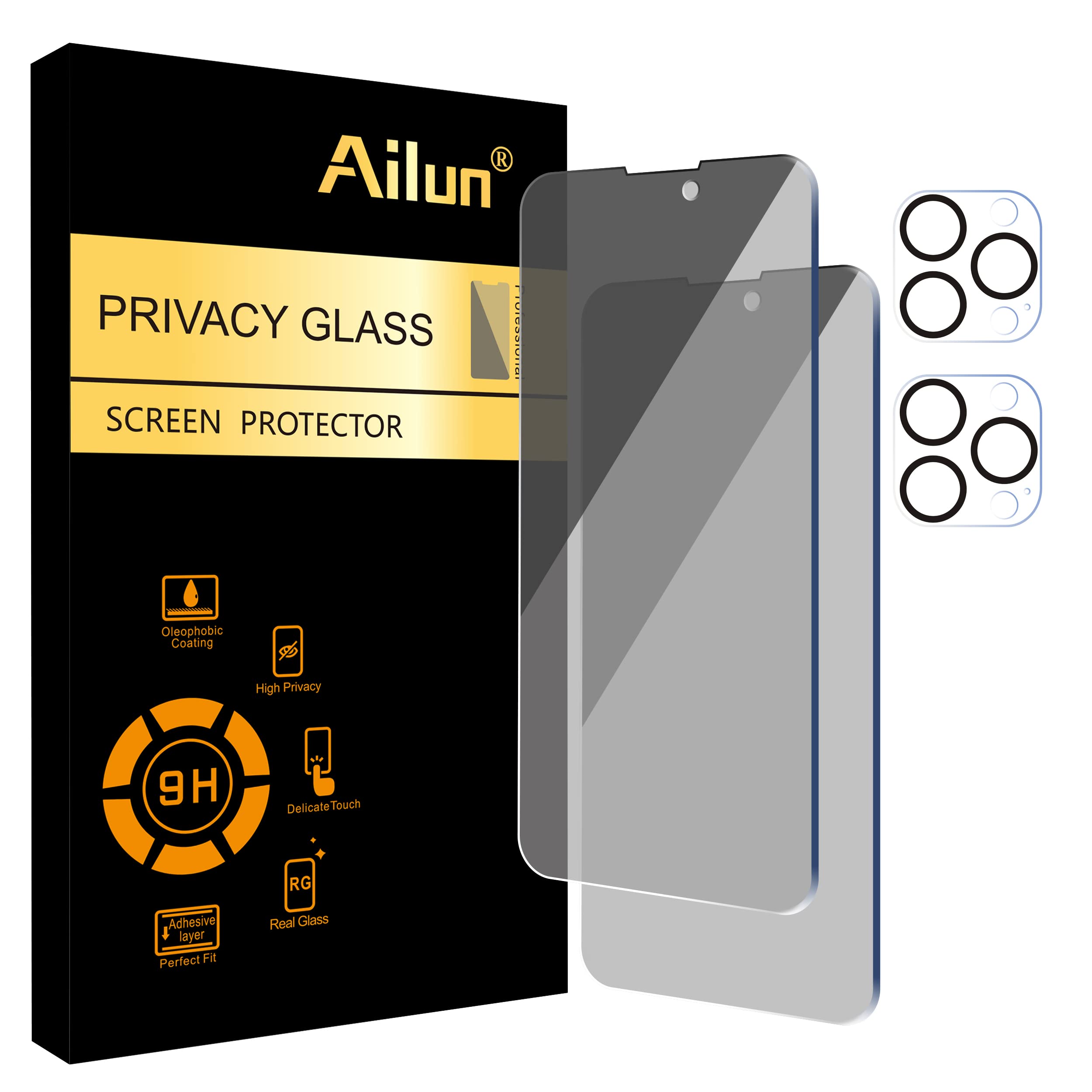Ailun 2Pack Privacy Screen Protector Compatible For Iphone 14 Pro Max[6.7 Inch] + 2 Pack Camera Lens Protector, Anti Spy Private