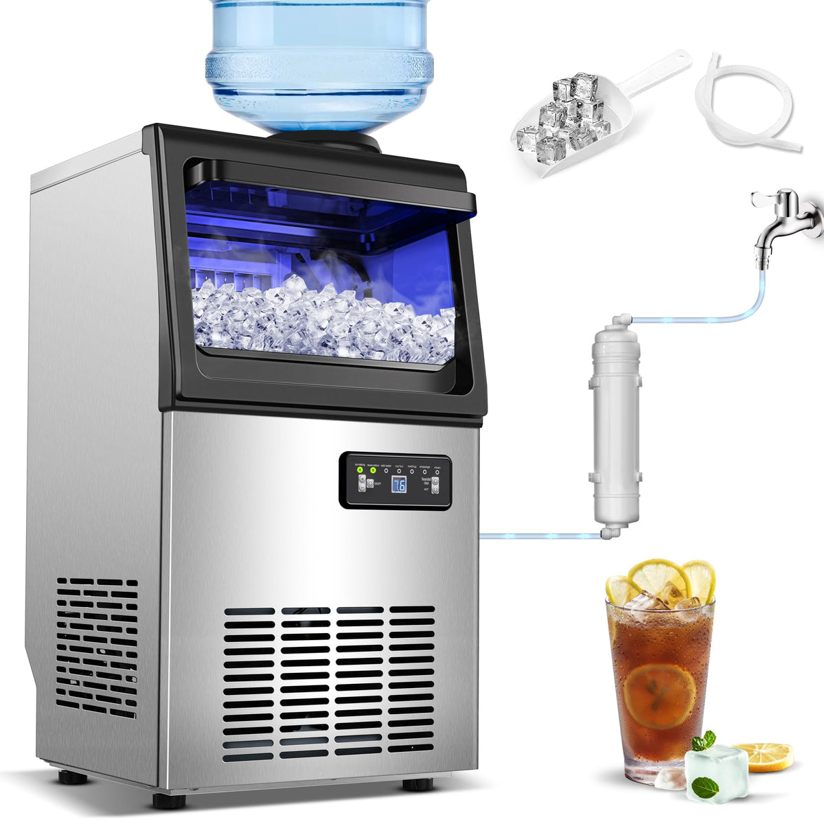 Amzgachfktch Commercial Ice Maker 110Lbs/24H Ice Machine With 2 Water Inlets, Under Counter Ice Maker With 22Lbs Storage, 40Pcs 
