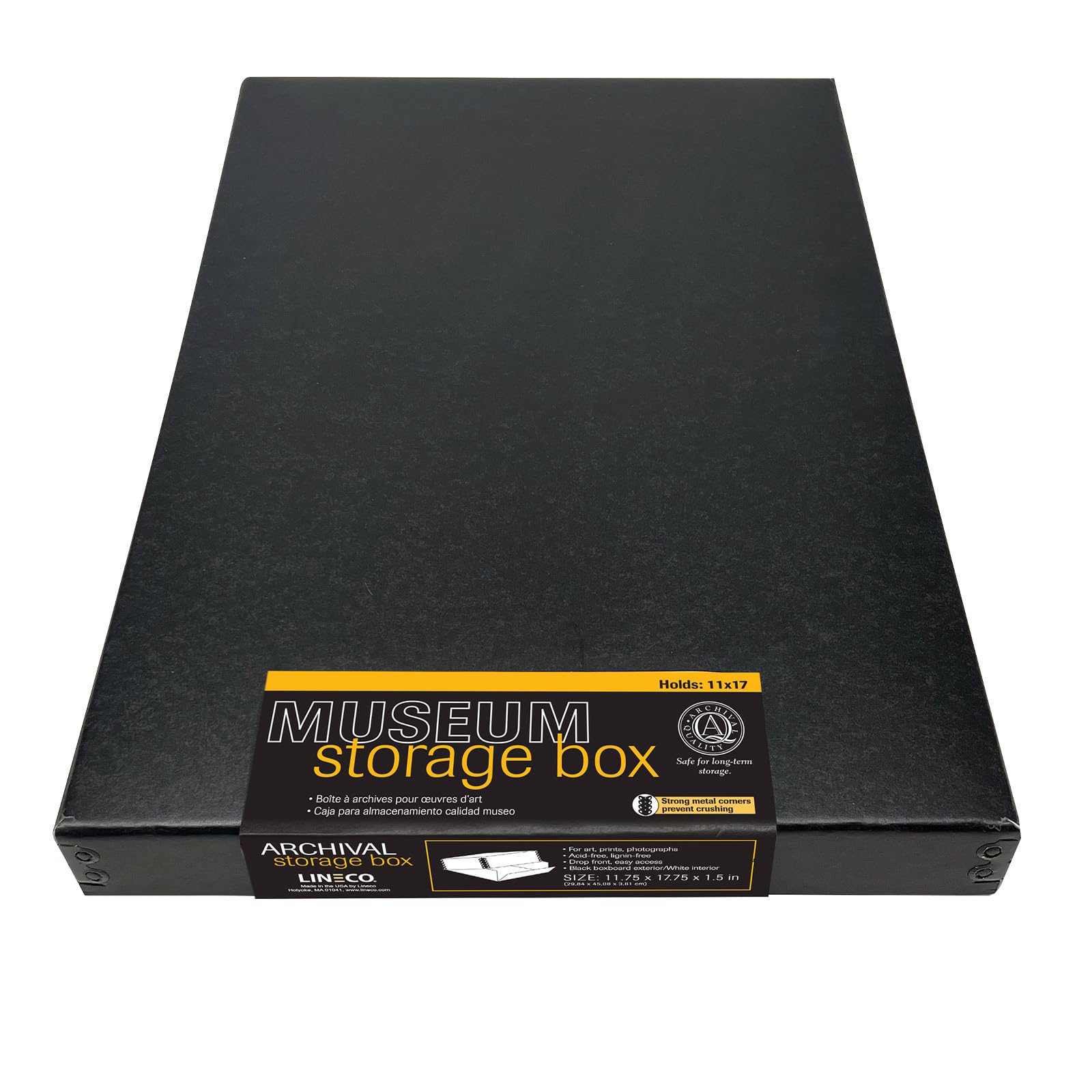 Lineco Museum Archival Storage Box, 11.75X17.75X1.5 In. Drop Front Design. Acid Free With Metal Edge. Organize Photos, Pictures, Prints, Documents, Crafts, Diy. Black, 1 Pack