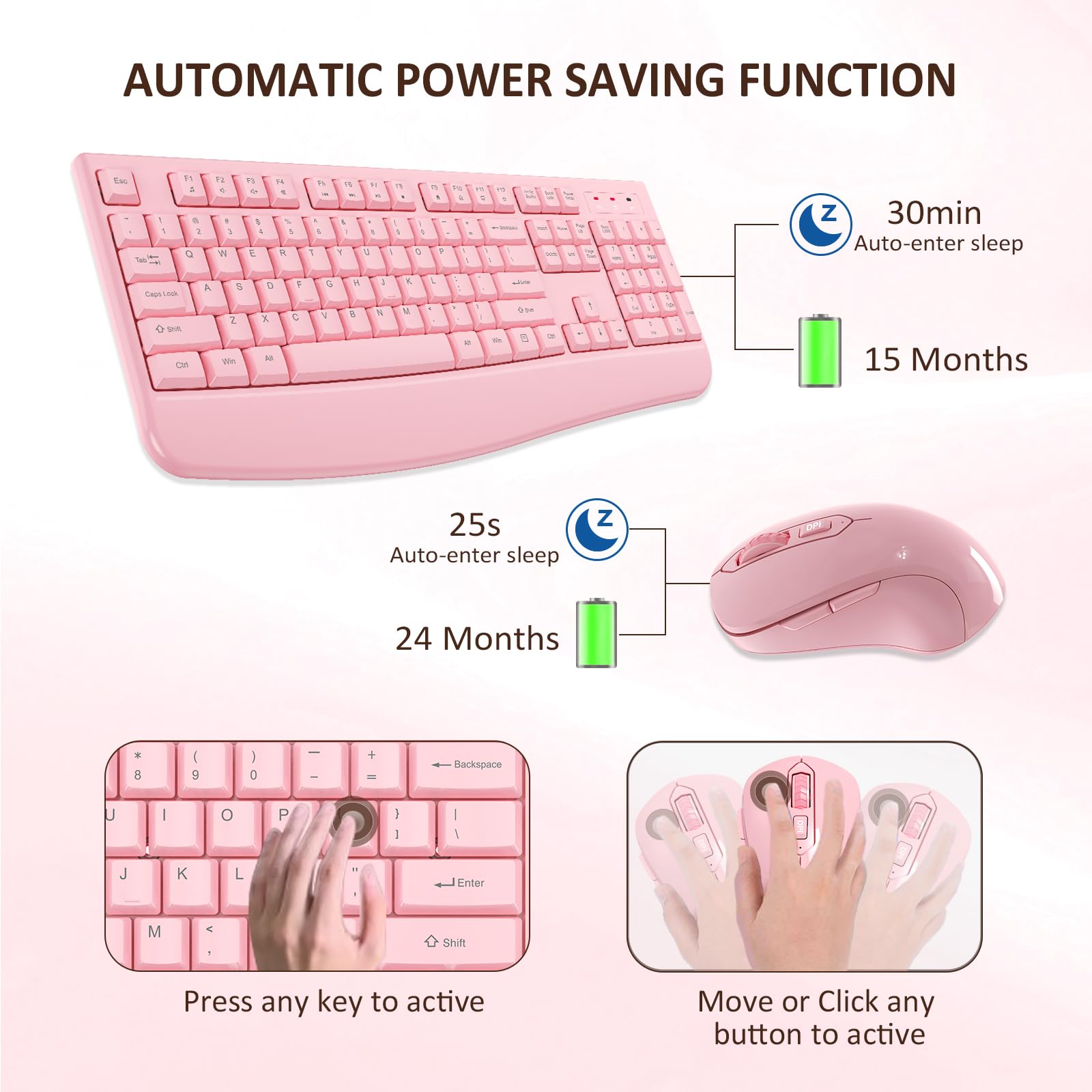 Edjo Wireless Keyboard And Mouse Combo, 2.4G Full Sized Ergonomic Computer Keyboard With Wrist Rest And 3 Level Dpi Adjustable W