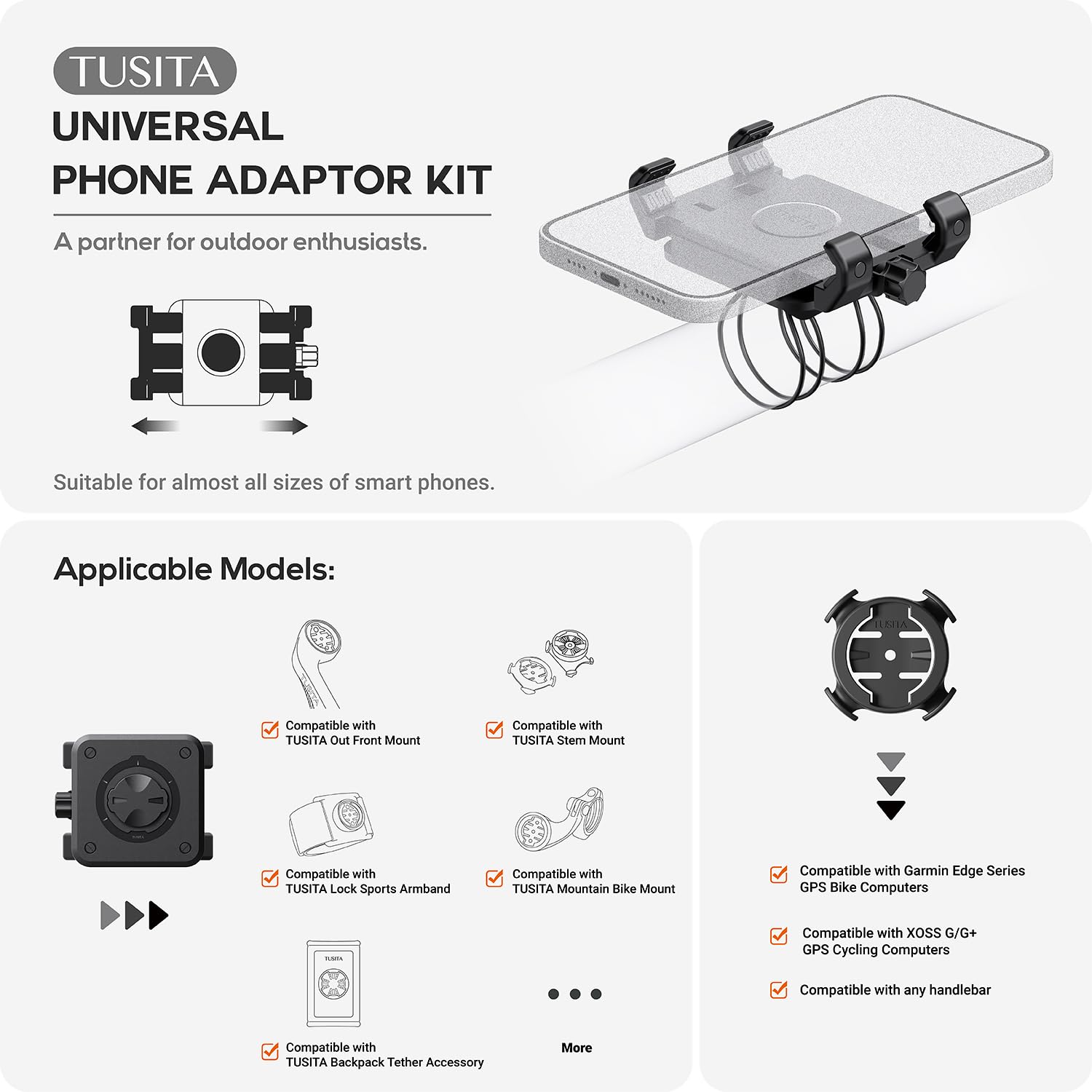 Tusita Bicycle Phone Holder Compatible With Garmin Mount, 4.0''-6.9''