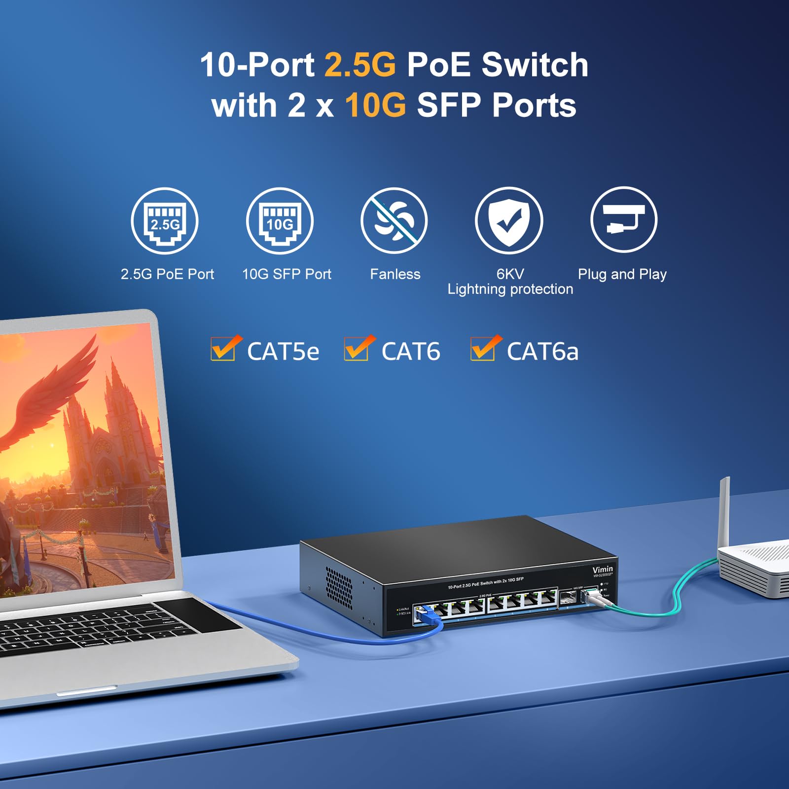 8 Port 2.5G Poe Switch Unmanaged With 2X 10Gbps Sfp, Vimin 10X 2.5G Base T Poe Ports, 10G Sfp Poe Switch W/ 60Gbps Ethernet Swit