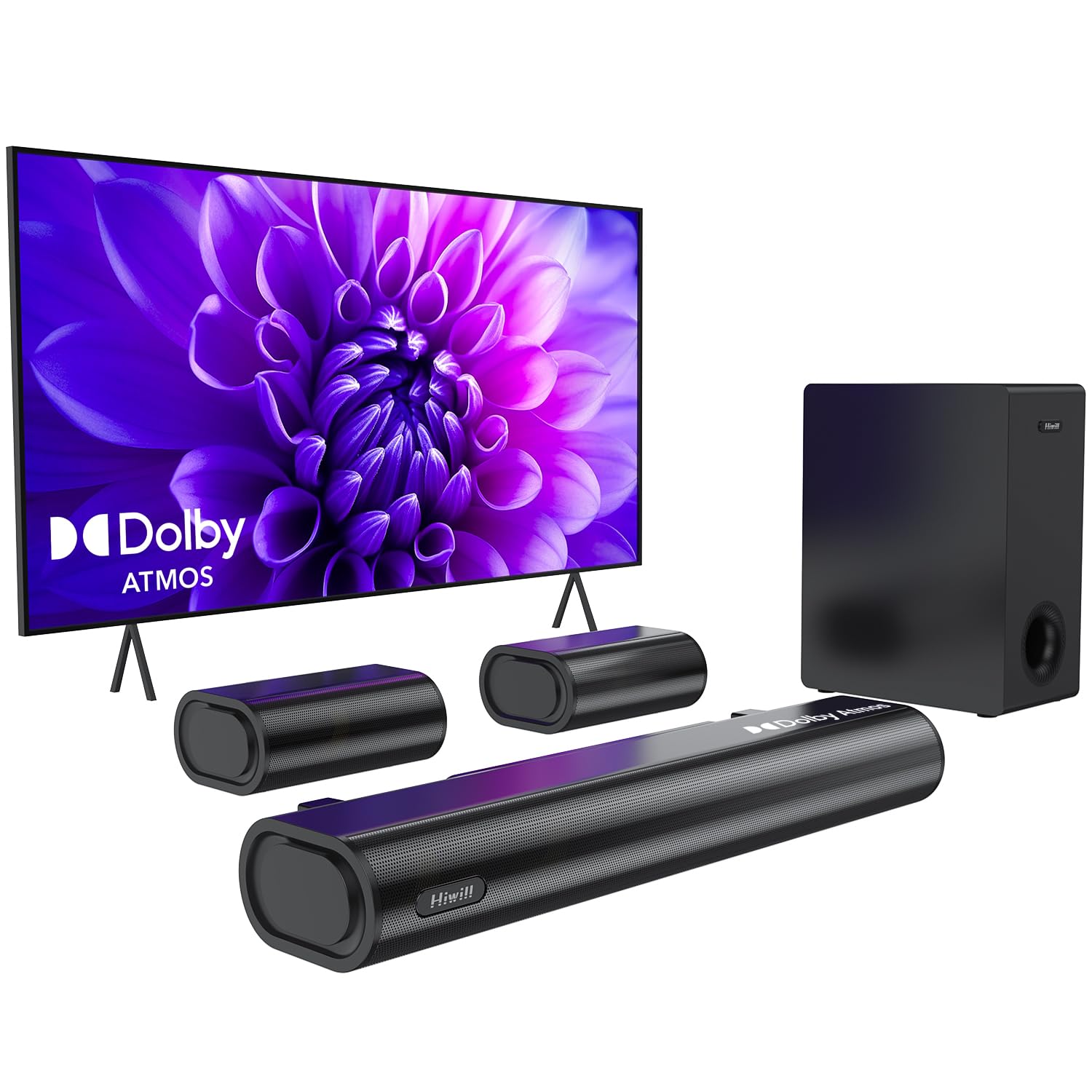 Hiwill 5.1Ch Dolby Atmos Soundbar With 5.25'' Subwoofer, Clear Voice, Surround Sound System W/2 Wired Rear Speakers, 380W Peak P