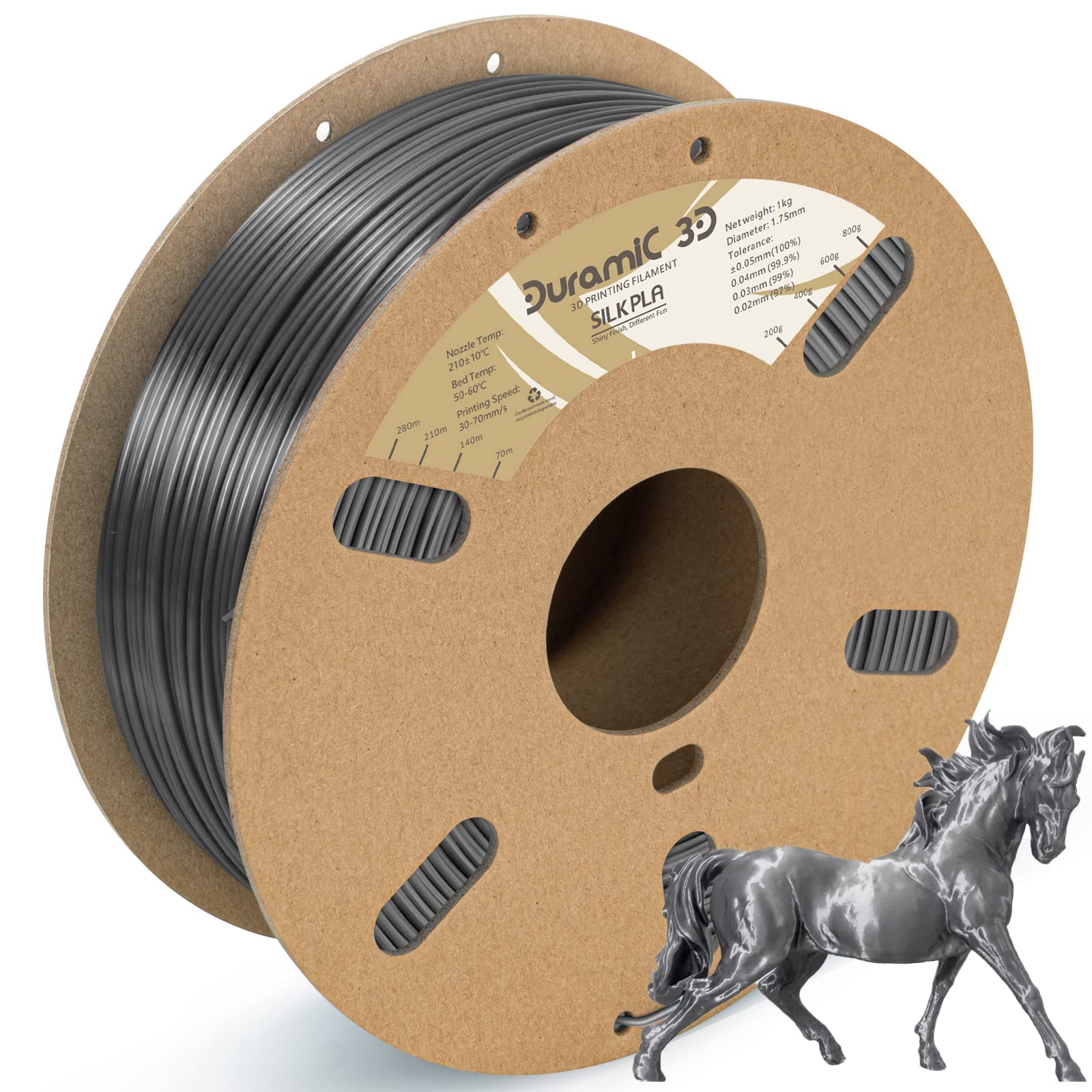DURAMIC 3D Shiny Silk PLA Filament 1.75mm Shiny Metallic PLA Filament Dimensional Accuracy +/- 0.05 mm Silver