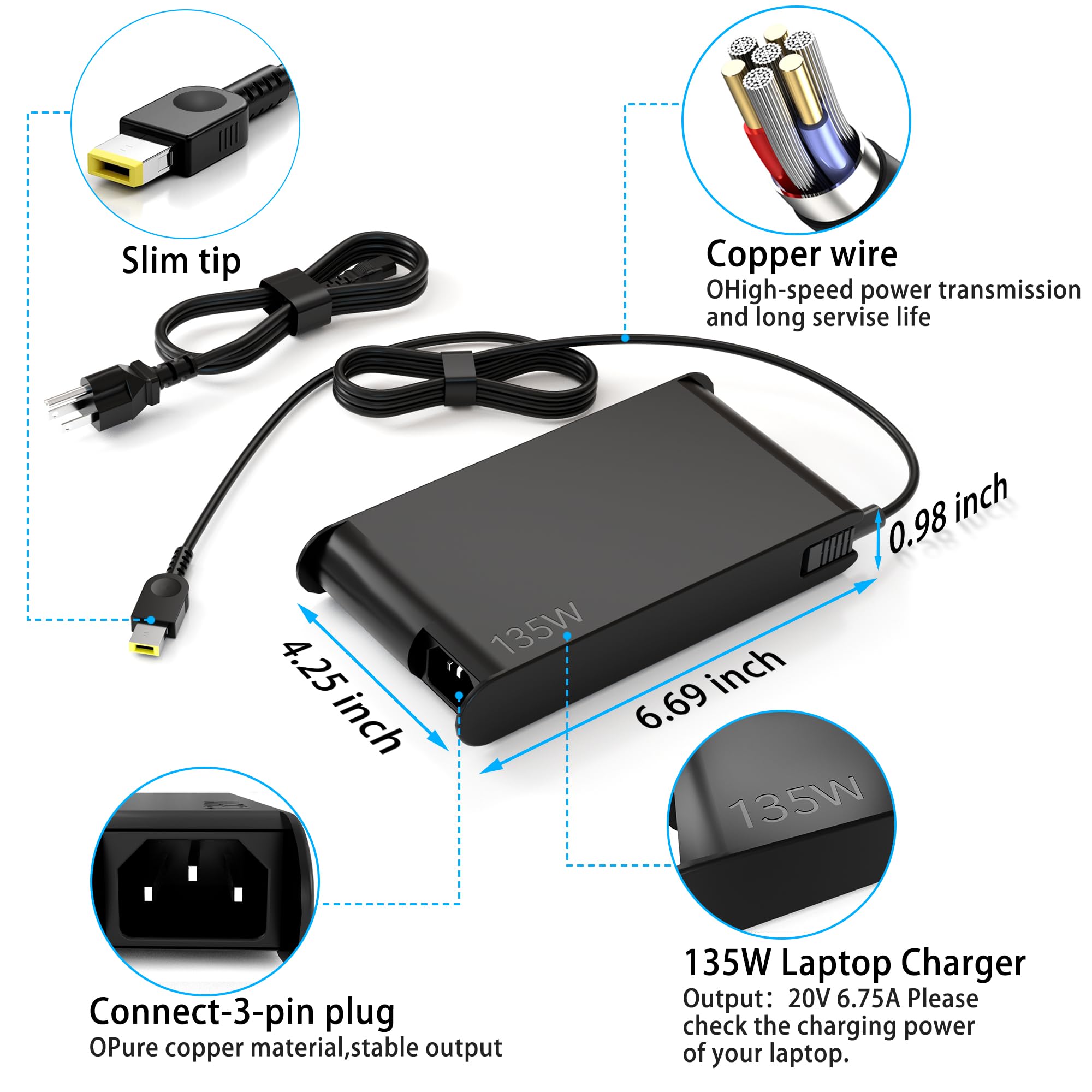 ?Newest Slim 20V 6.75A 135W Ac Adapter Fit For Lenovo Thinkpad X1 P1 P15V T15P Thinkpad T440P T470P T540P Ideapad 3 700 L340 Legion Y50 Y520 Y530 Y7000P Adl135Ndc3A Adl135Ndc2A 135W Lenovo Charger