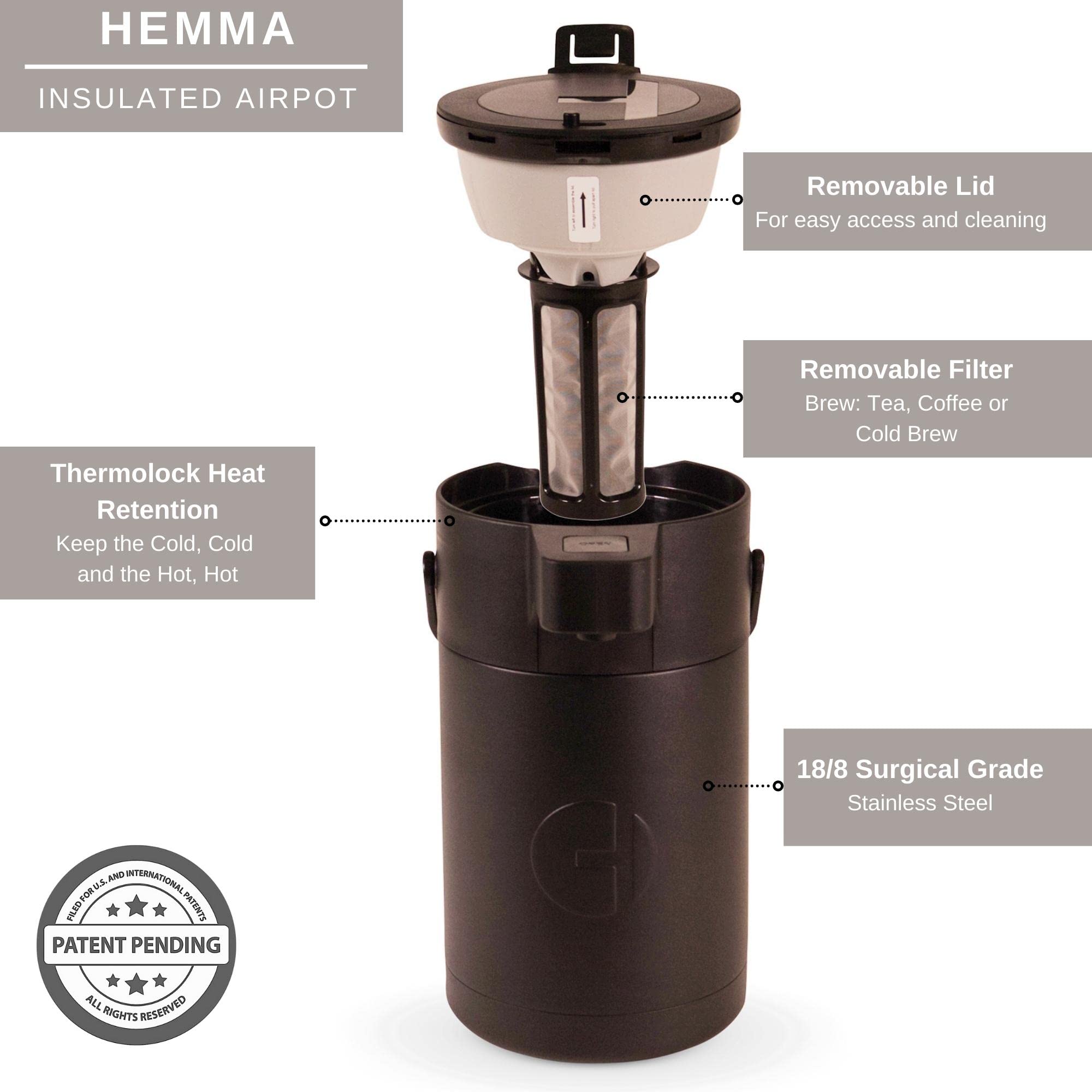 HASTINGS COLLECTIVE Airpot Coffee Dispenser - 2.5L Insulated Stainless Steel Carafe, 12H Hot/24H Cold, Black - Model Hemma