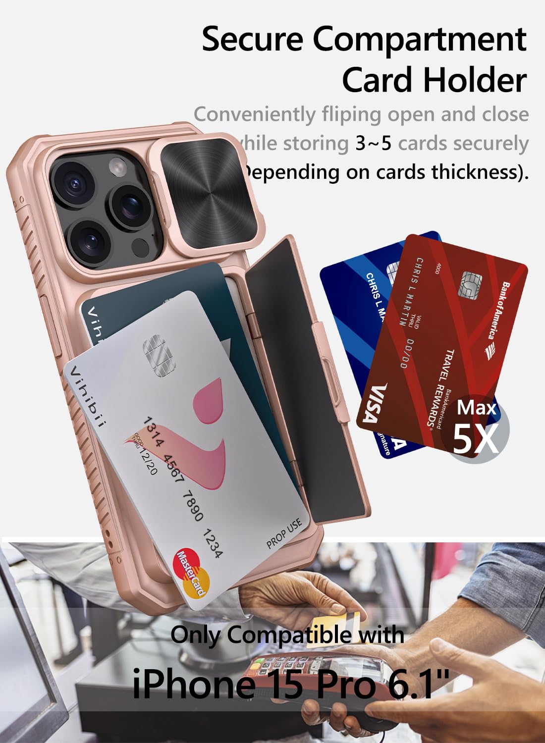 Vihibii For Iphone 15 Pro Case Wallet With Slide Camera Cover, Built In Card Holder (4 Cards) & Kickstand, Heavy Duty Shockproof
