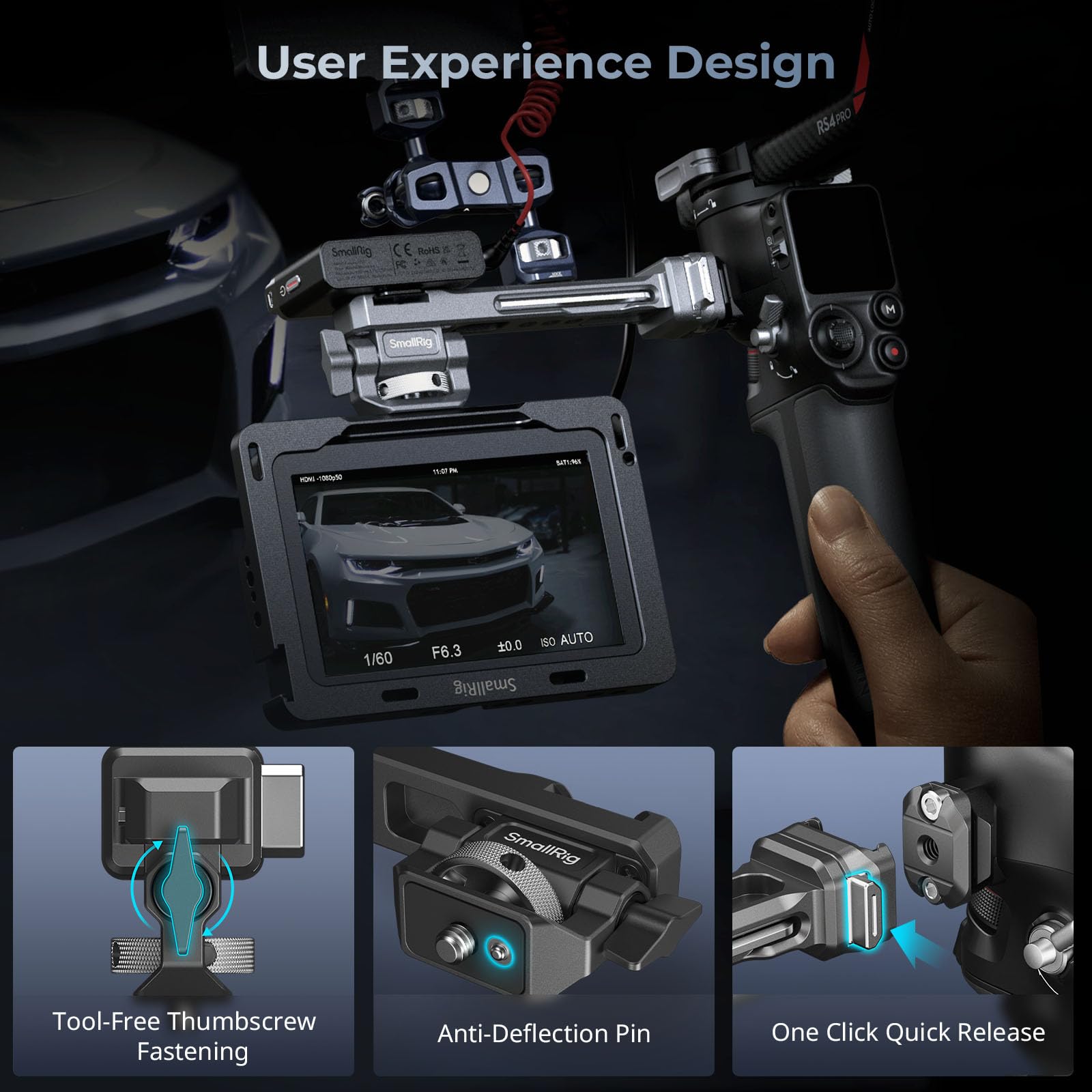 Smallrig Hawklock Quick Release Adjustable Camera Monitor Mount, Nato Rail And Cold Shoe, Tilt 165 Adjustable, For Dji Rs 4 Mini