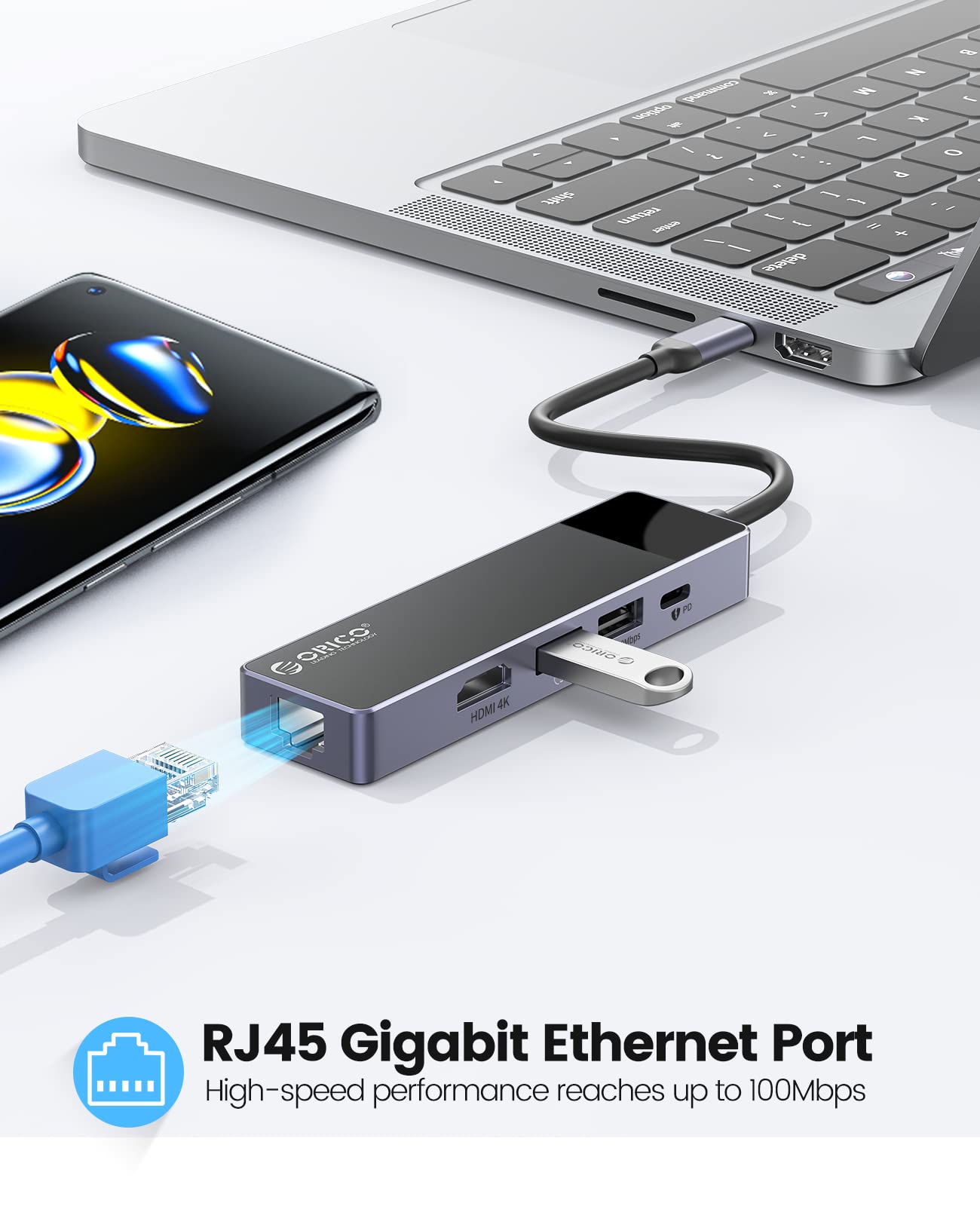 USB C Hub, ORICO 5 in 1 MacBook Docking Station Multiport Adapter with PD 60W,HDMI 4K@30Hz,USB A3.0�1,USB A2 .0�1,RJ45�1 Compatible with Dell/Surface/HP/Lenovo Laptops