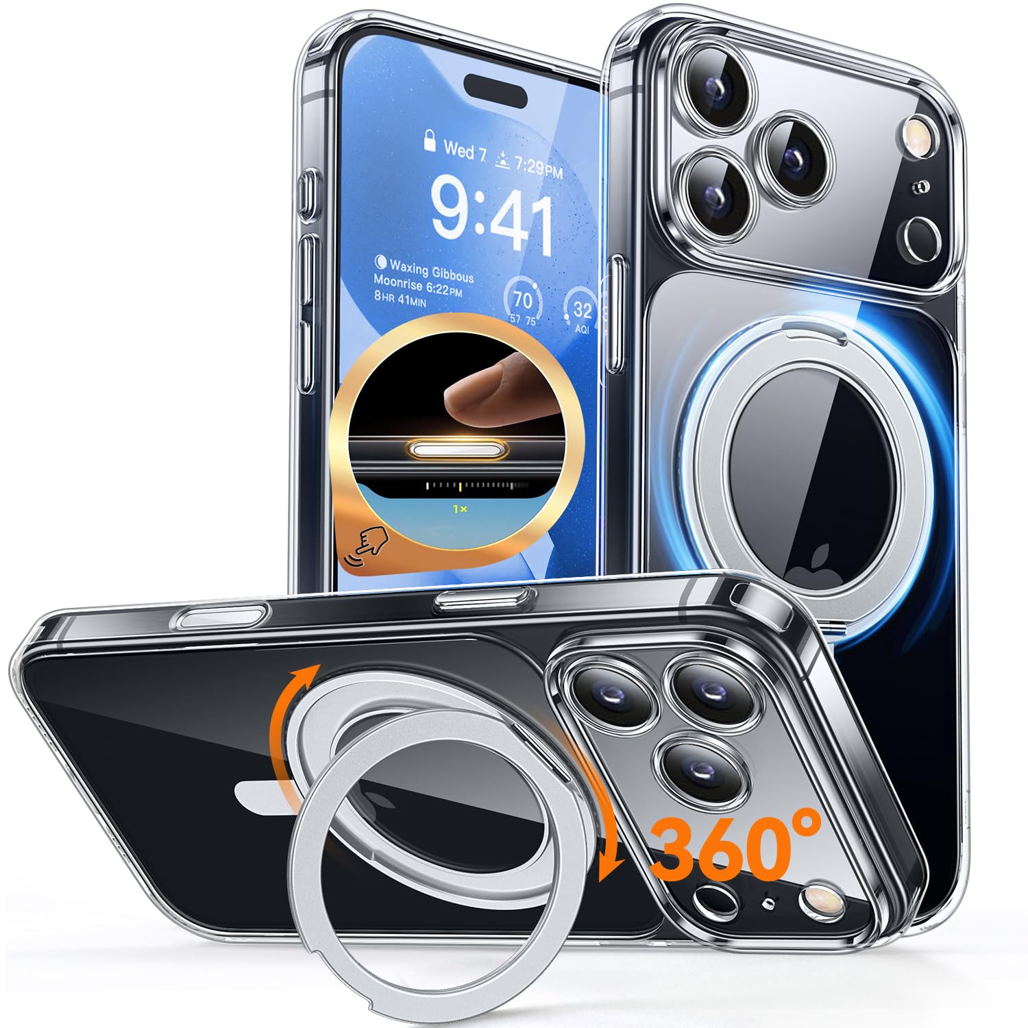 CANSHN 360 Spin Magnetic Stand for iPhone 17 Pro Case Clear with Camera Control [Full Camera Protection] [Compatible with Magsaf