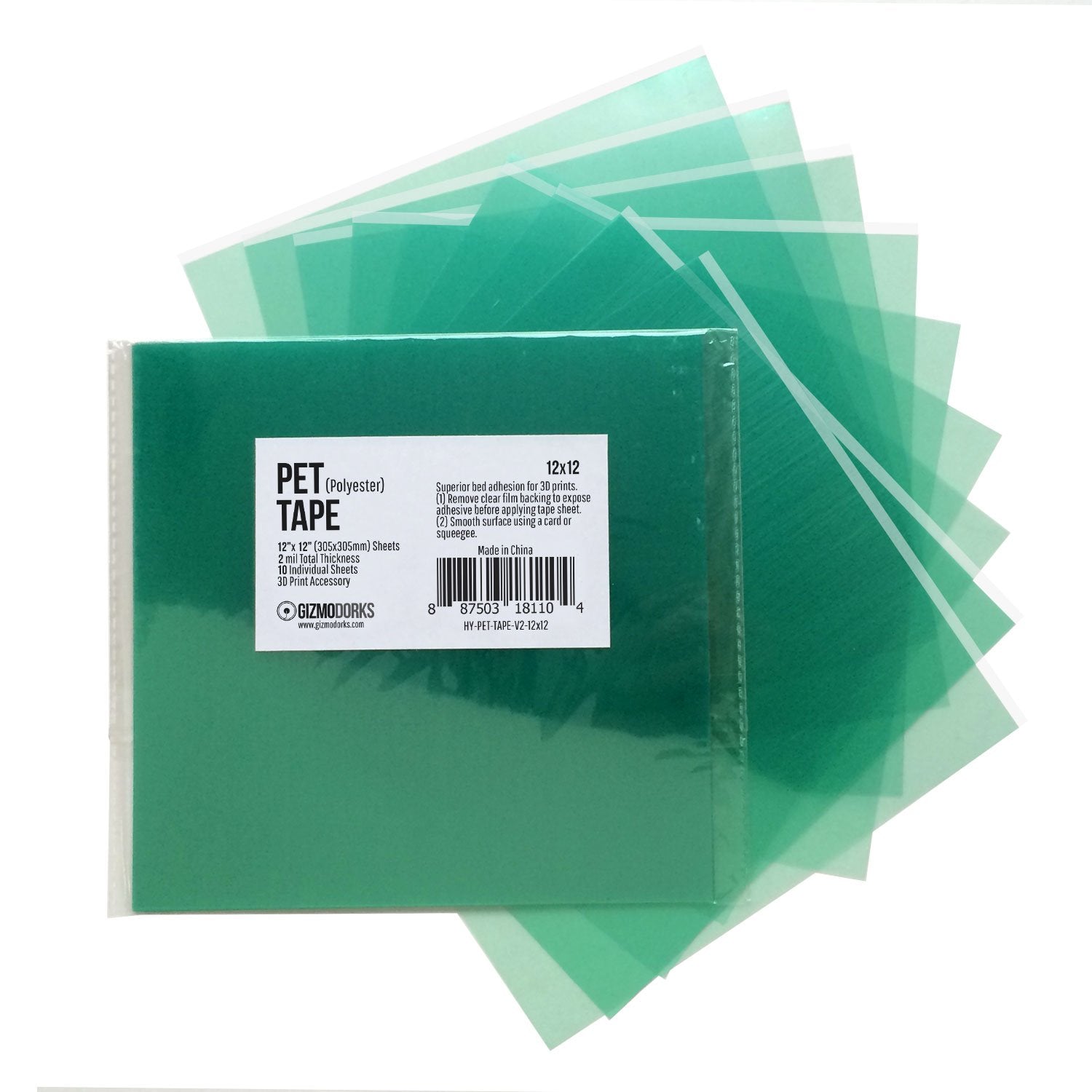 Gizmo Dorks Polyester Film Pet Tape For 3D Printer Build Plate, 12 X 12 Inches, 10 Sheets Per Pack