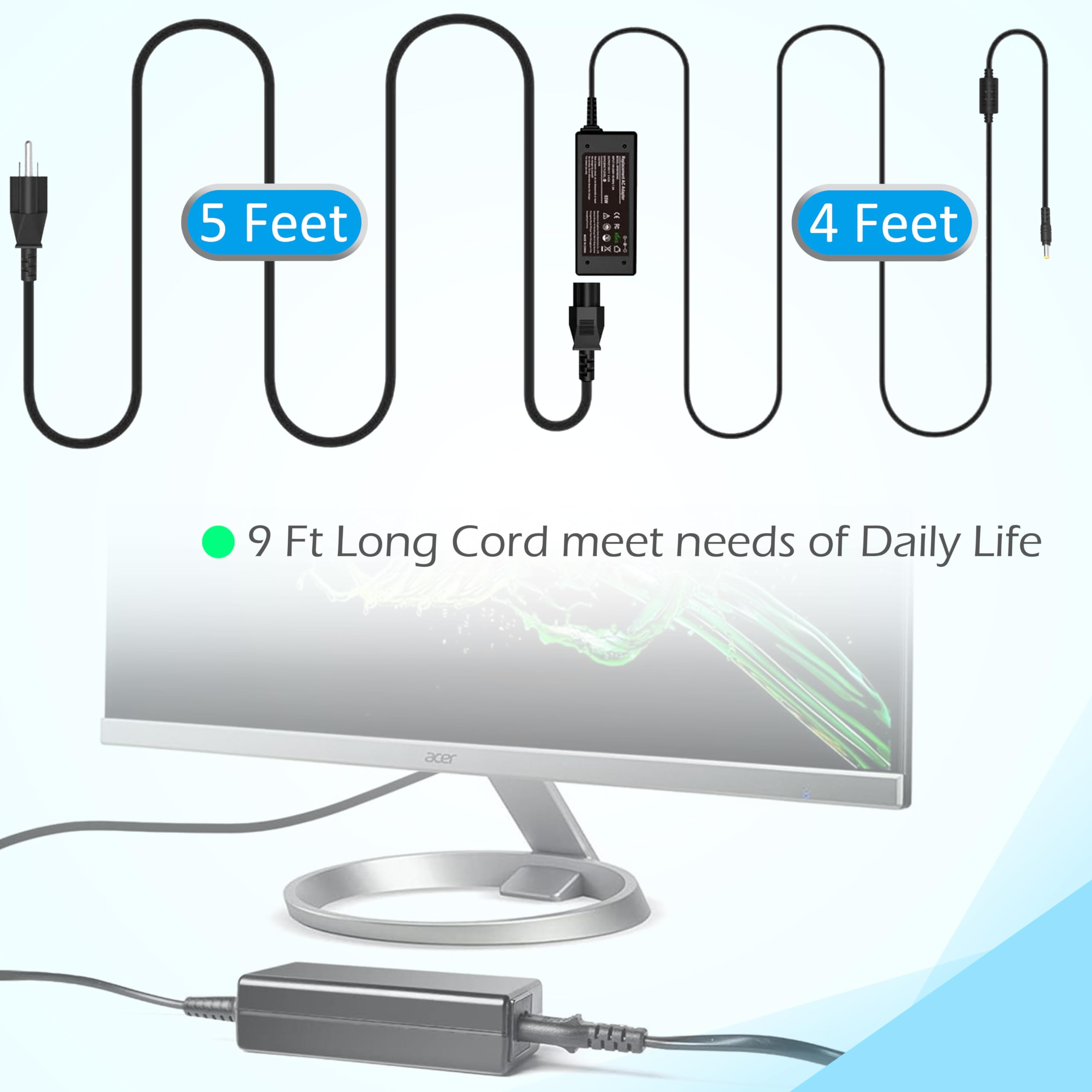 19V Power Cord For Acer Monitor Sb220Q R240Hy S230Hl Sa230 Sb230 H236Hl Sb240Y Sb270 Sa270 S201Hl S231Hl S271Hl S240Hl S241Hl G2