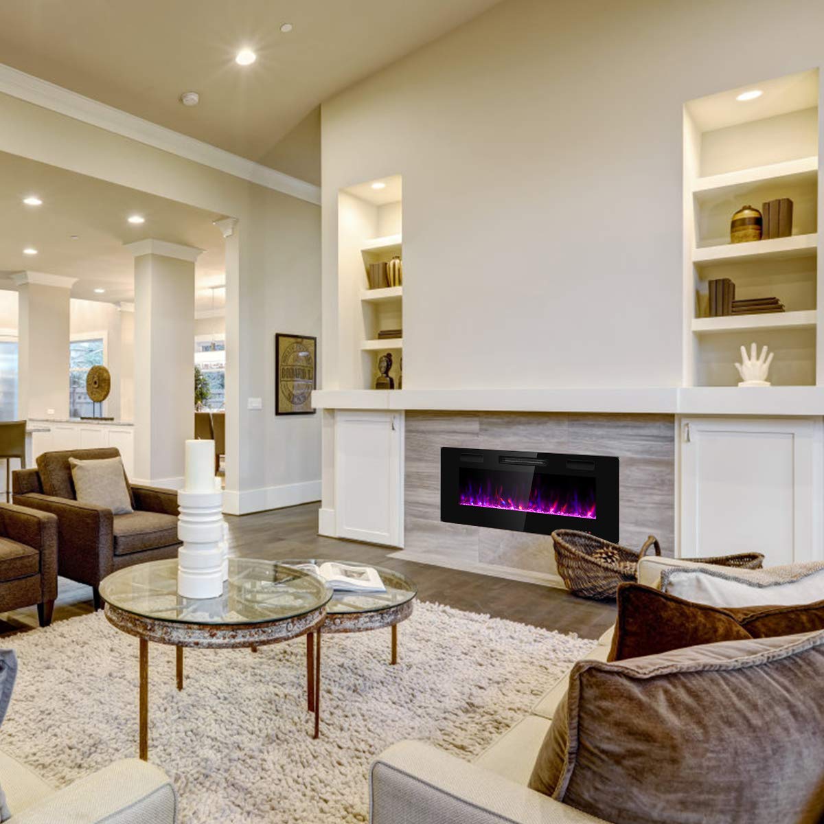 Tangkula 42 Inches Recessed Electric Fireplace, In Wall & Wall Mounted Electric Heater With Adjustable Flame Color & Speed, Remo