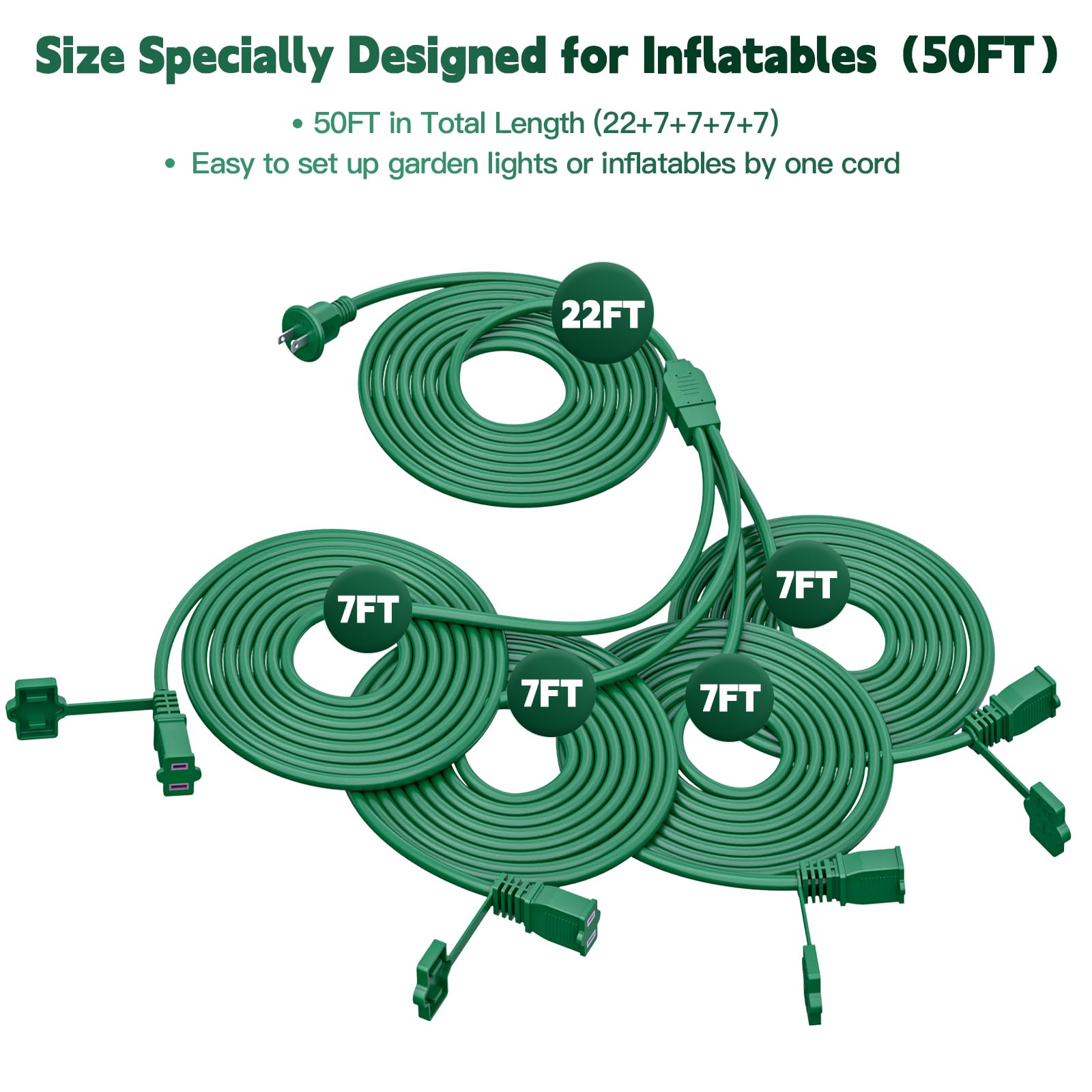 50Ft 4 Outlets Green Outdoor Extension Cords For Halloween Christmas Inflatables Blow Ups Yard Waterproof Outside With Multiple