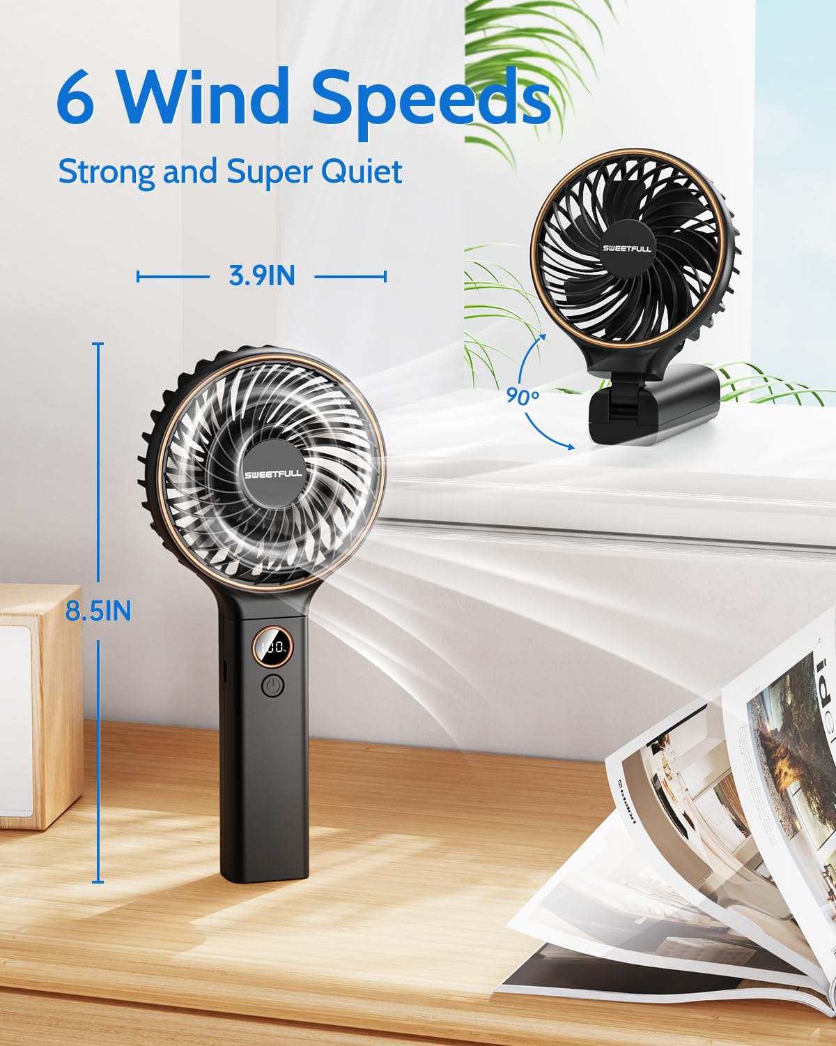 Sweetfull Handheld Fan, Portable Fan, 5000Mah Rechargeable Battery, 6 Speed Wind, Led Display, Personal Mini Travel Fan With Bac