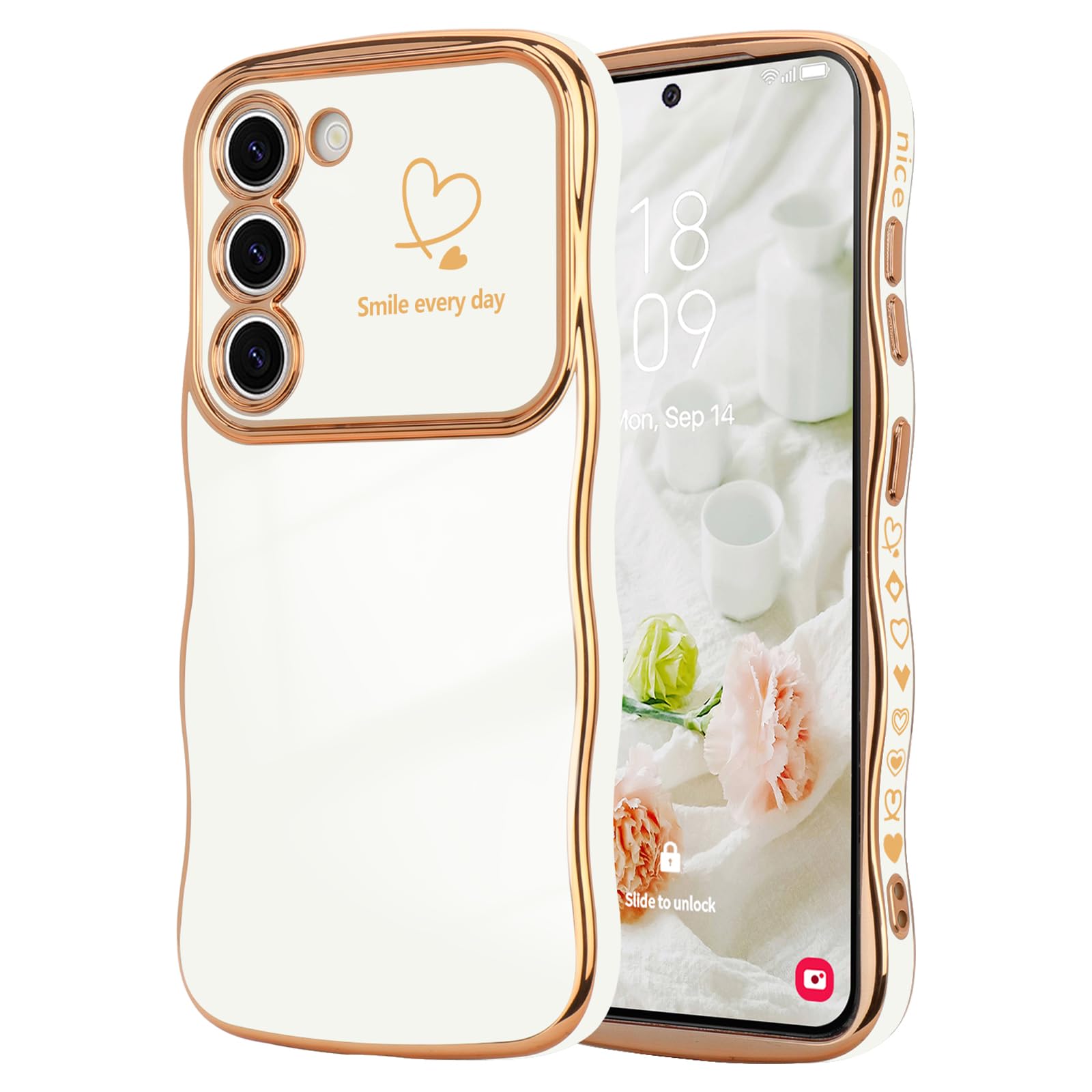 Lchulle For Samsung Galaxy S22 Plus Case For Women Girls, Cute Wave Frame Curly Shape With Love Heart Raised Camera Protection C