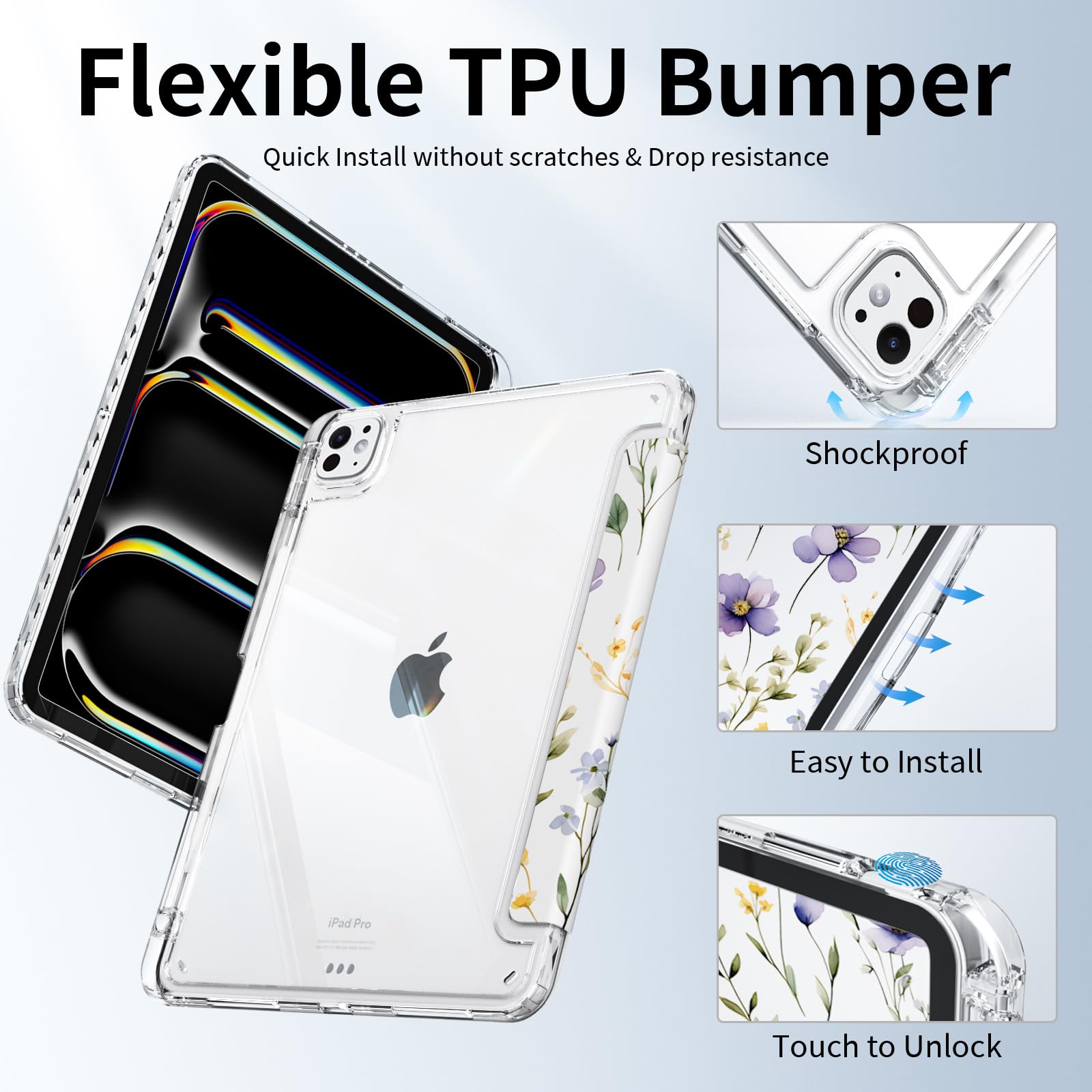 Piznernico Case For Ipad Pro 11 Inch M4 (2024, 5Th Generation) With Pencil Holder, Trifold Stand, Transparent Clear Back Cover P