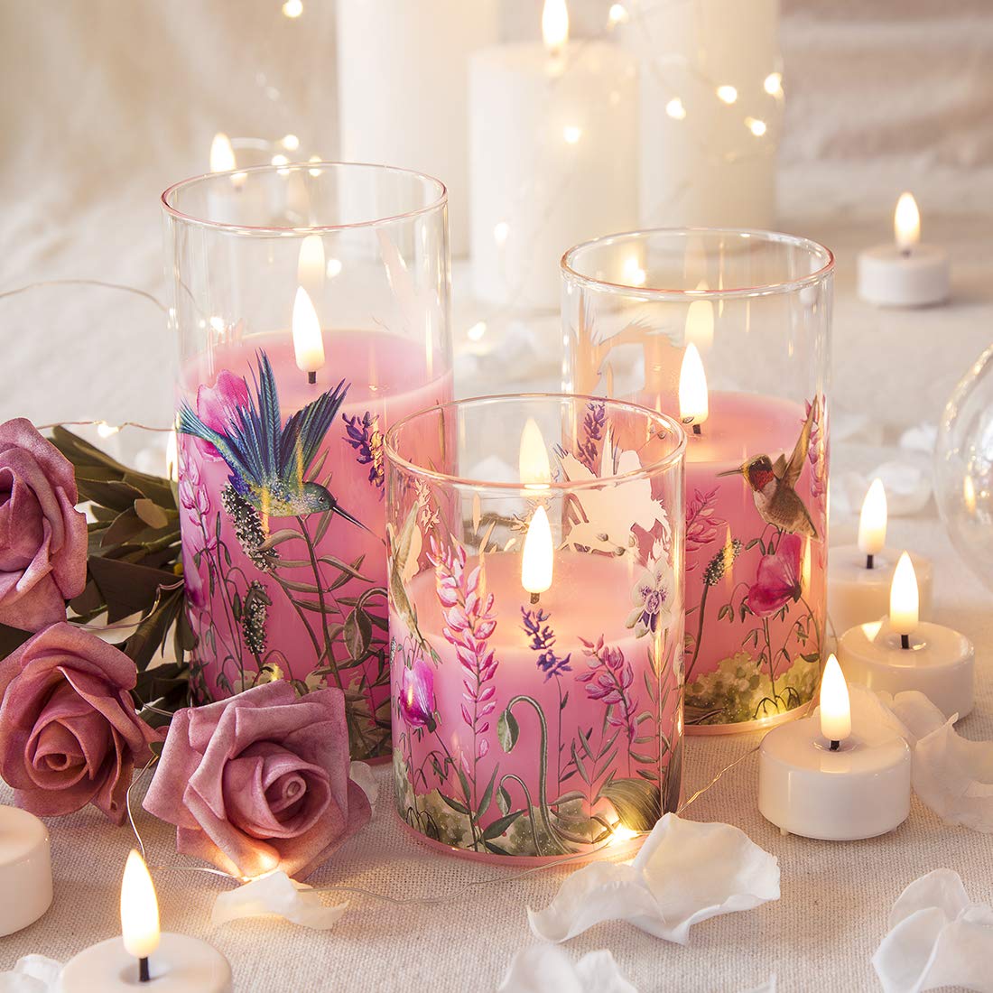 Eywamage Pink Hummingbird Glass Flameless Candles With Remote, Flickering Battery Floral Led Pillar Candles Set Of 3