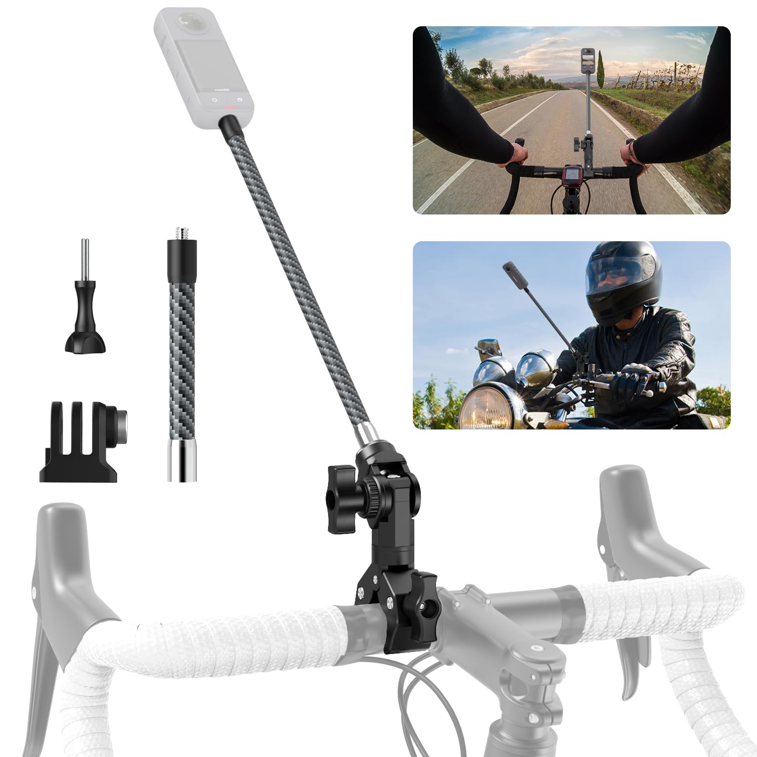 Bike Motorcycle Handlebar Mount For Insta360, Third Person Bicycle Handlebar Selfie Stick Clamp Mount With 360�Rotation Compatible With Insta360 X4 X3 X2 X One, Gopro, Perfect For Shooting Bike Video