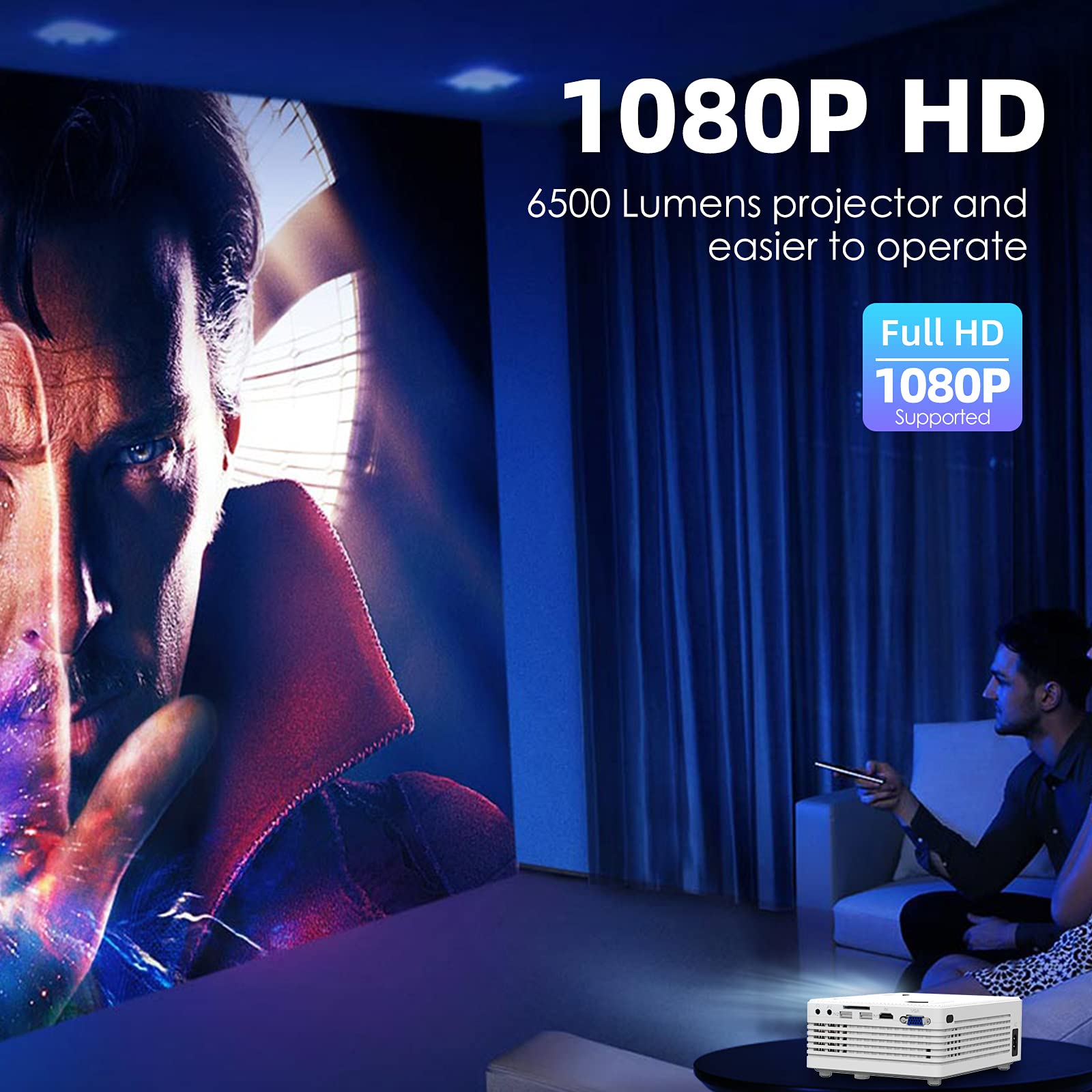 Moseco 2022 Upgraded 7500Lumens Mini Projector, Full Hd 1080P & 200'' Display Supported, Portable Movie Projector Compatible Wit