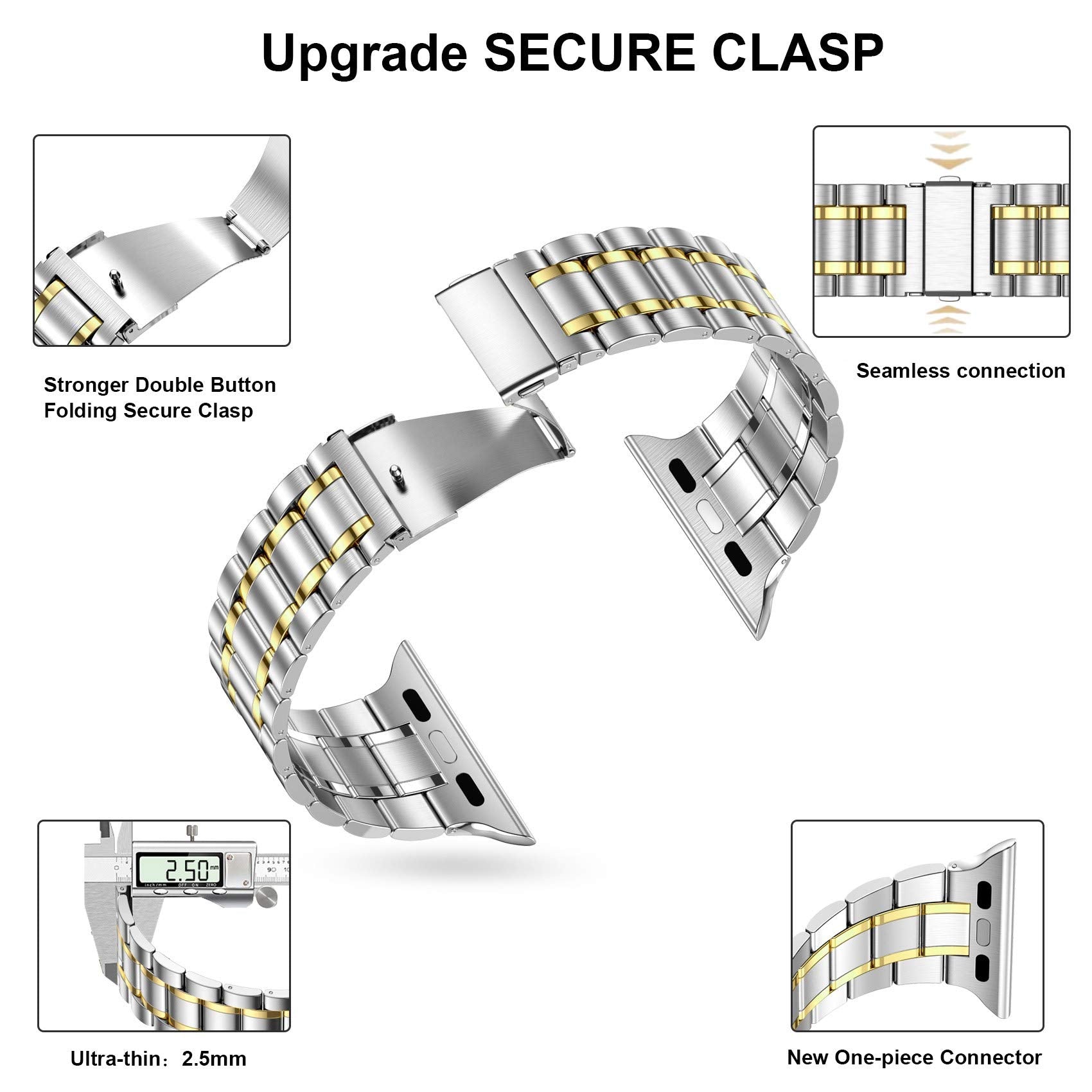 Miohhr Solid Stainless Steel Band Compatible With Apple Watch 44Mm 42Mm, Metal Strap For Iwatch Series 6 5 4 3 2 1 Se Women And