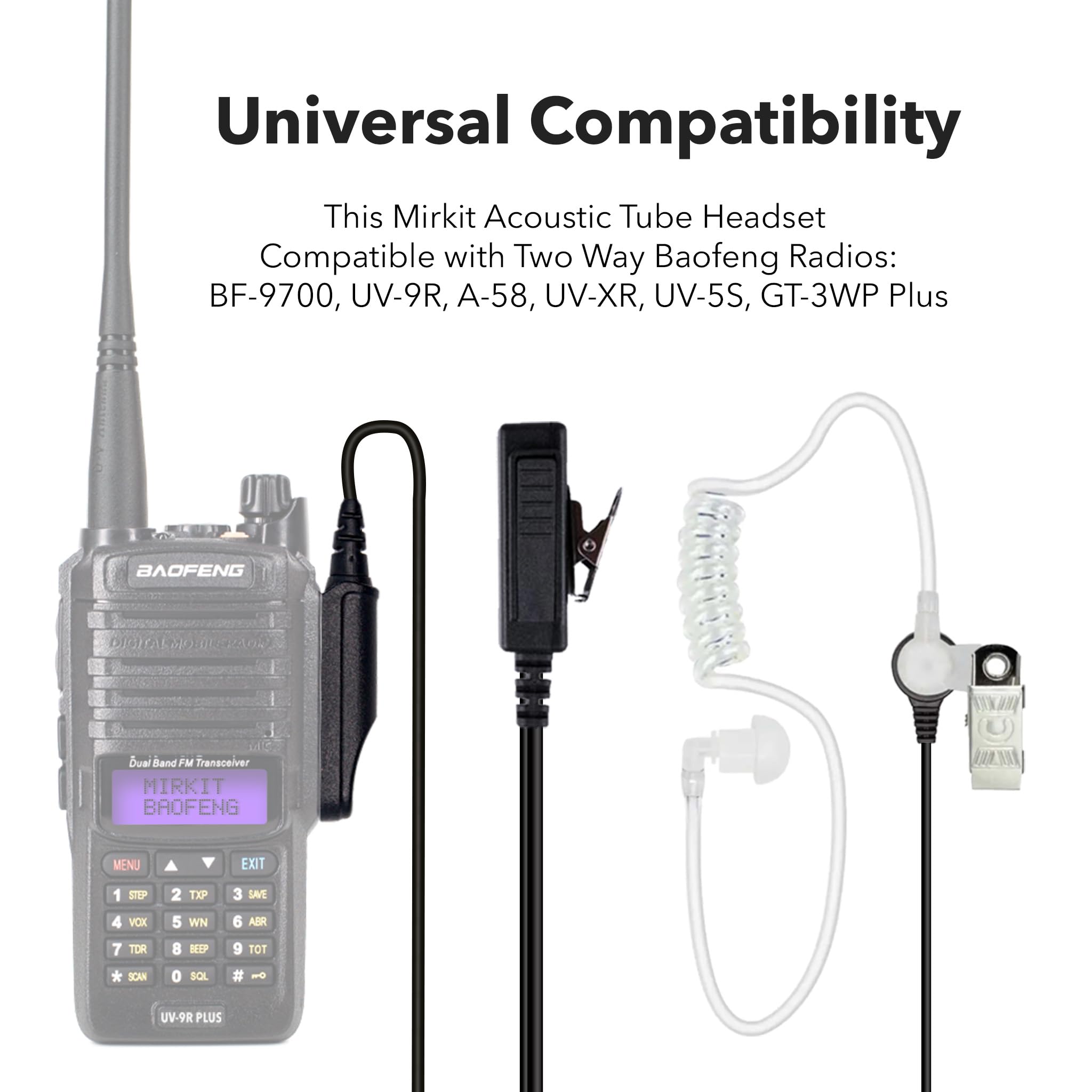 Mirkit Earpiece Headset, Covert Acoustic Tube Radio Earpiece With Mic For Two Way Radios With Reinforced Cable, Compatible With: Baofeng Uv 9R Plus, Bf 9700, A 58, Uv Xr, Uv 5S, Gt 3 Wp