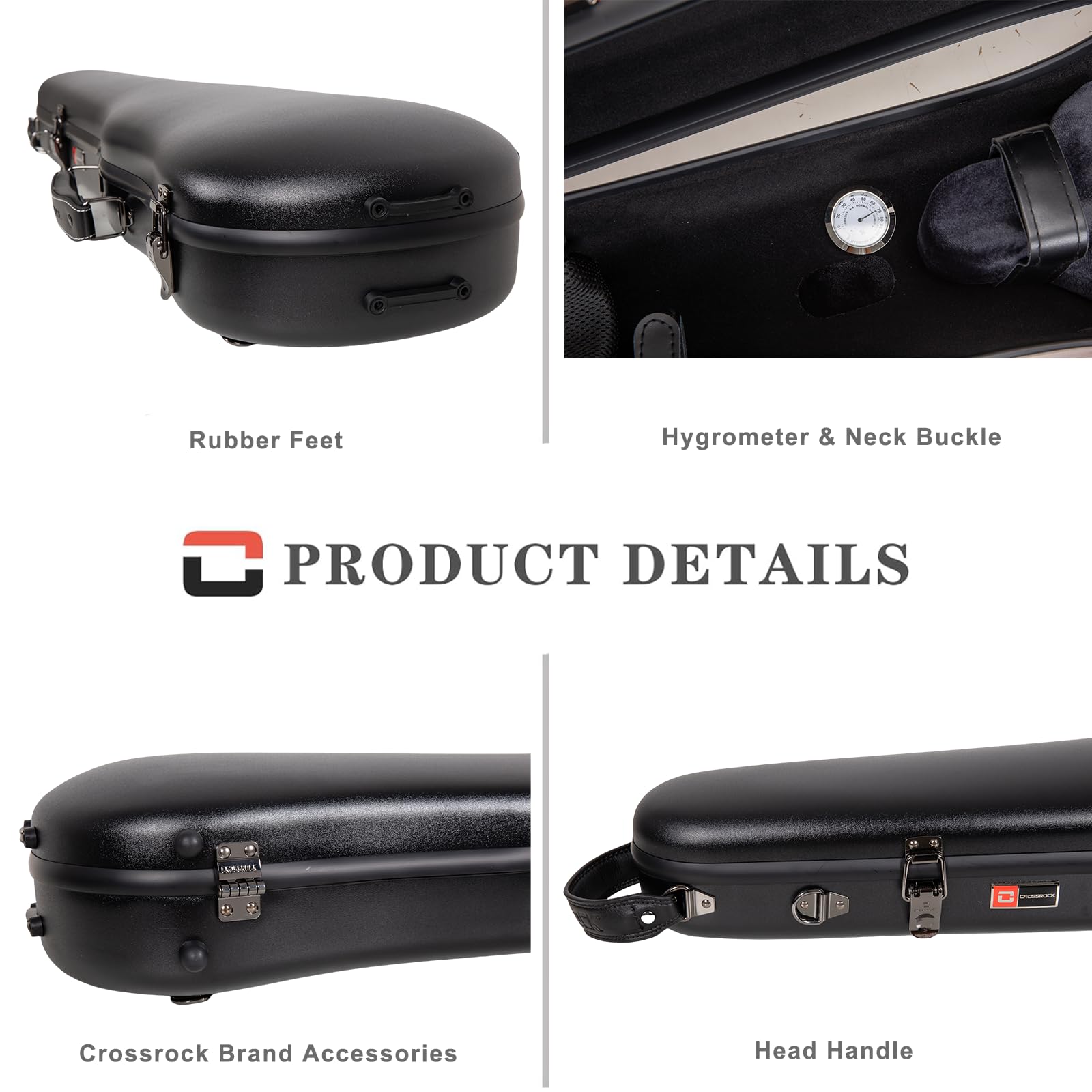 Crossrock Poly Carbon Shaped Violin Case For 4/4 Full-Size | Matte Black Finish, Hygrometer, Accessory Storage, Protective Blank
