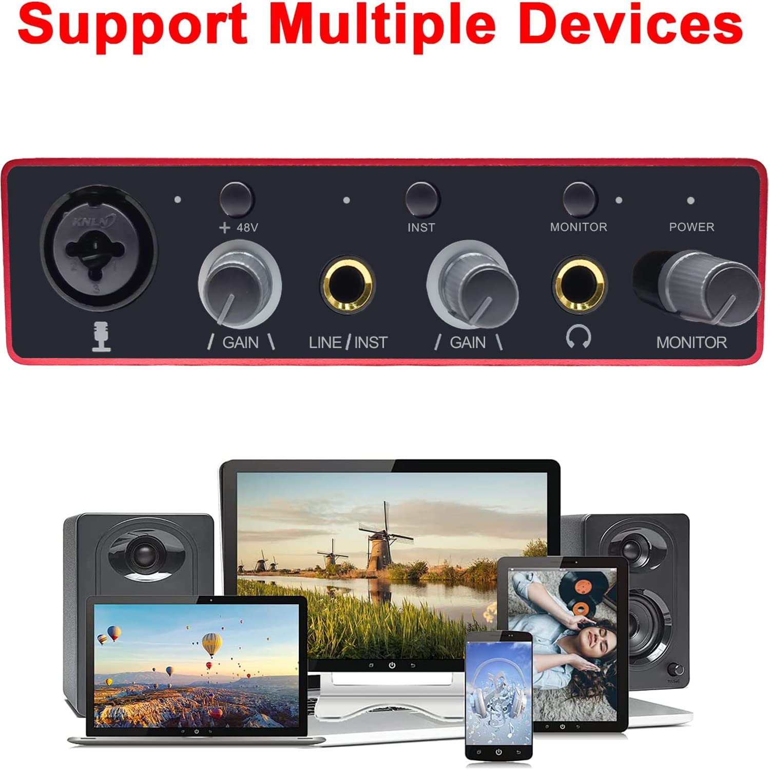 Audio Interface Usb Audio Interface With Mic Preamplifier Usb Audio Mixer Recorder With 48V Phantom Power, 24 Bit, Support Table