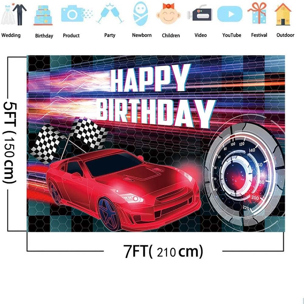 Mehofond 7X5Ft Car Racing Happy Birthday Backdrop, Red Racing Party Photo Background For Boys, Car Birthday Party Decorations Ca