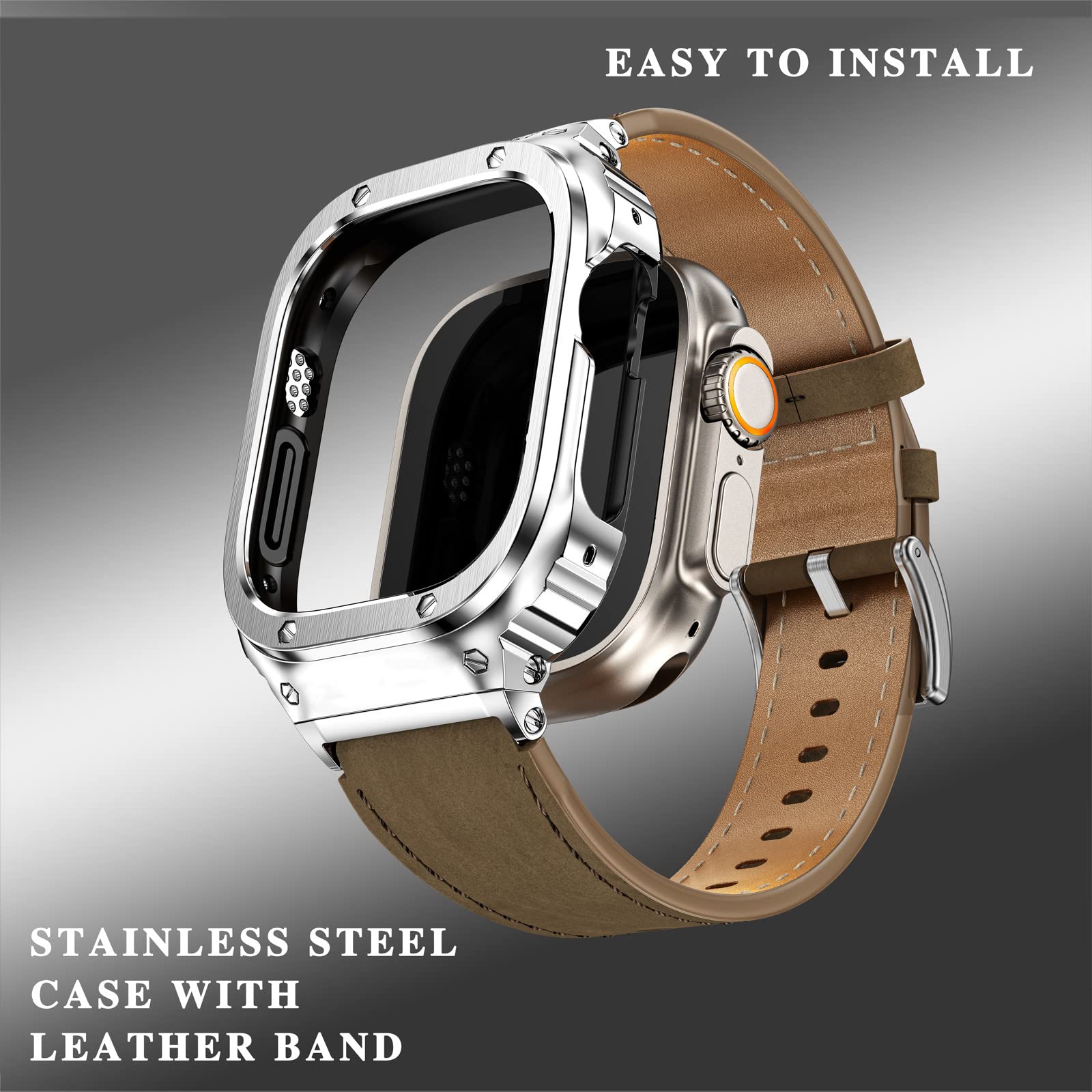 Suplink Leather Watch Bands With Stainless Steel Case Compatible With Apple Watch Ultra 2 Band 49Mm,Genuine Leather Replacement