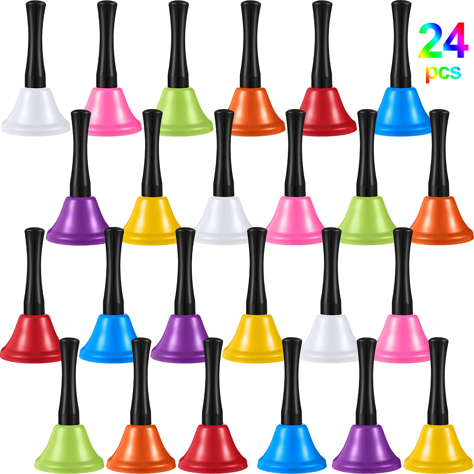 24 Pieces Metal Steel Hand Bell Call Service Colorful Note Musical Instruments Handbell with Black Wooden Handles for School Din