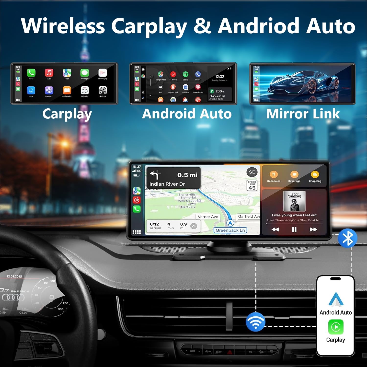 Portable Carplay Screen For Car, 10.26'' Wireless Apple Carplay & Android Auto Touch Screen With 4K Dash Cam,1080P Backup Camera