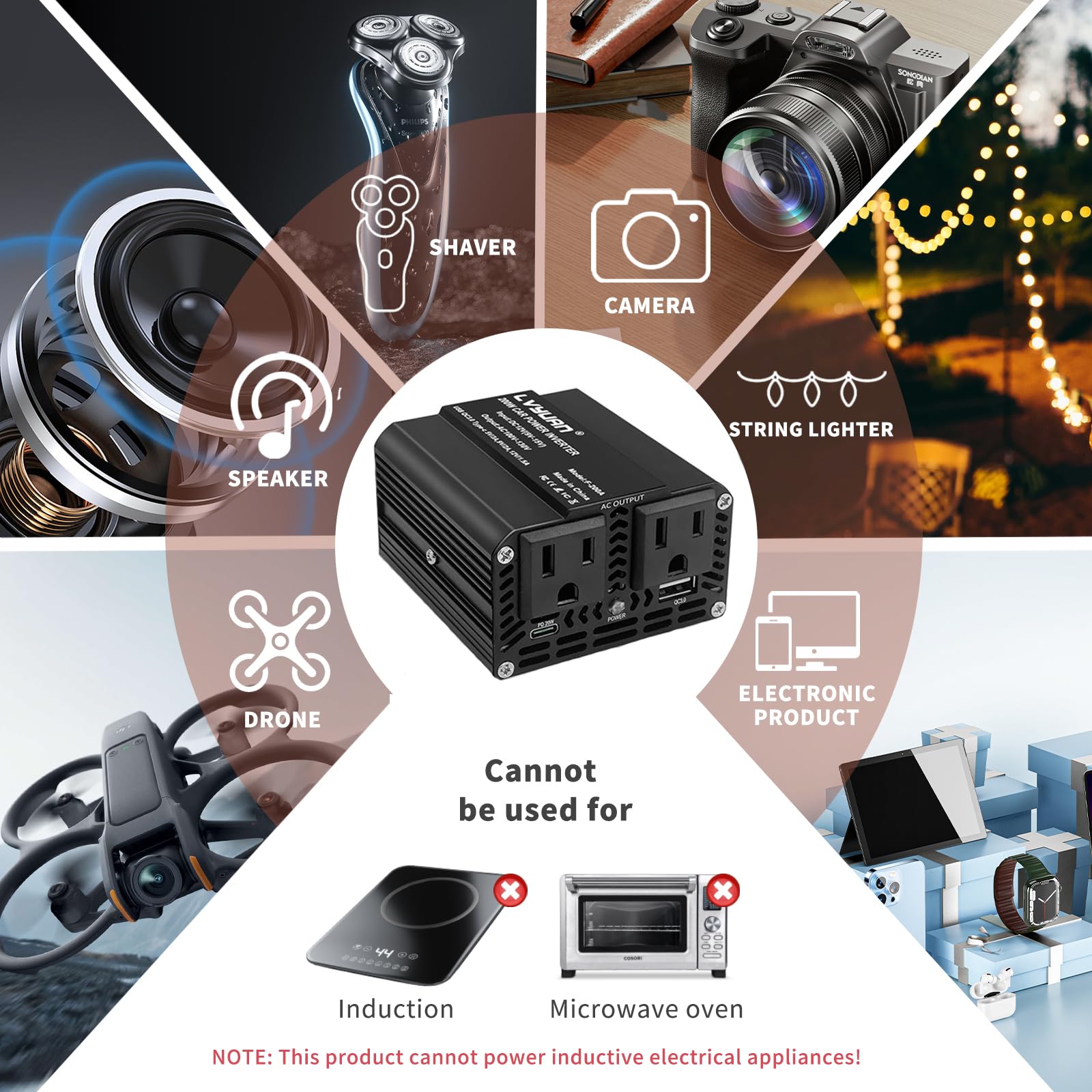 200W Car Power Inverter, Lvyuan Fast-Charging Car Outlet Adapter 20W Pd/18W Qc Inverter Dc 12V To 110V Ac Car Converter With Dis