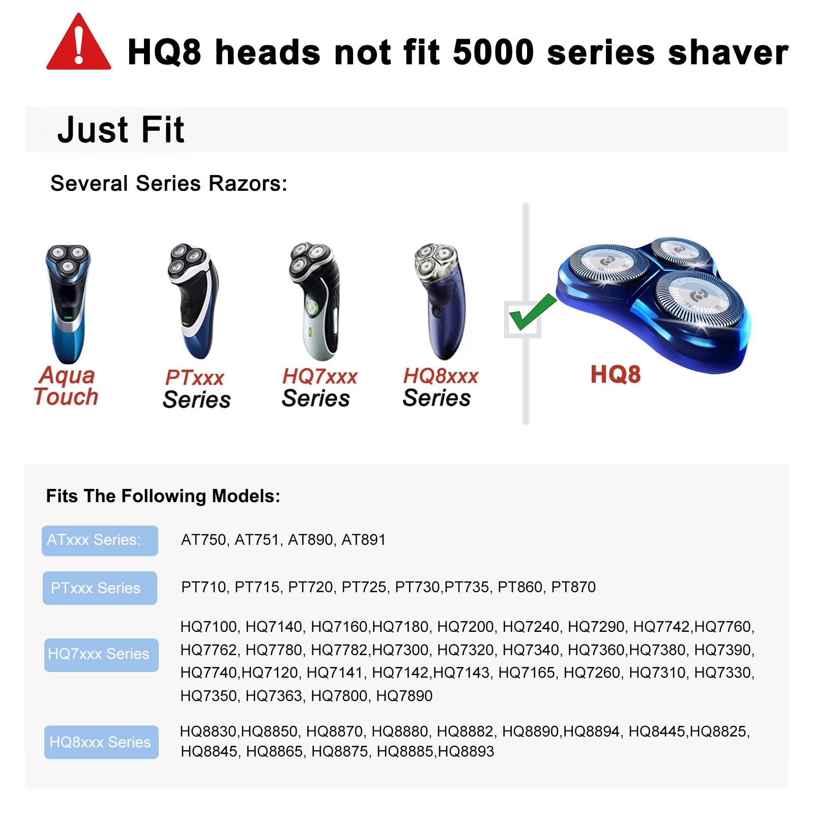 Hq8 Replacement Heads Compatible With Philips Norelco Aquatec Shavers, Blades For Pt720 At880 At810 Razor, 6 Pc Pack