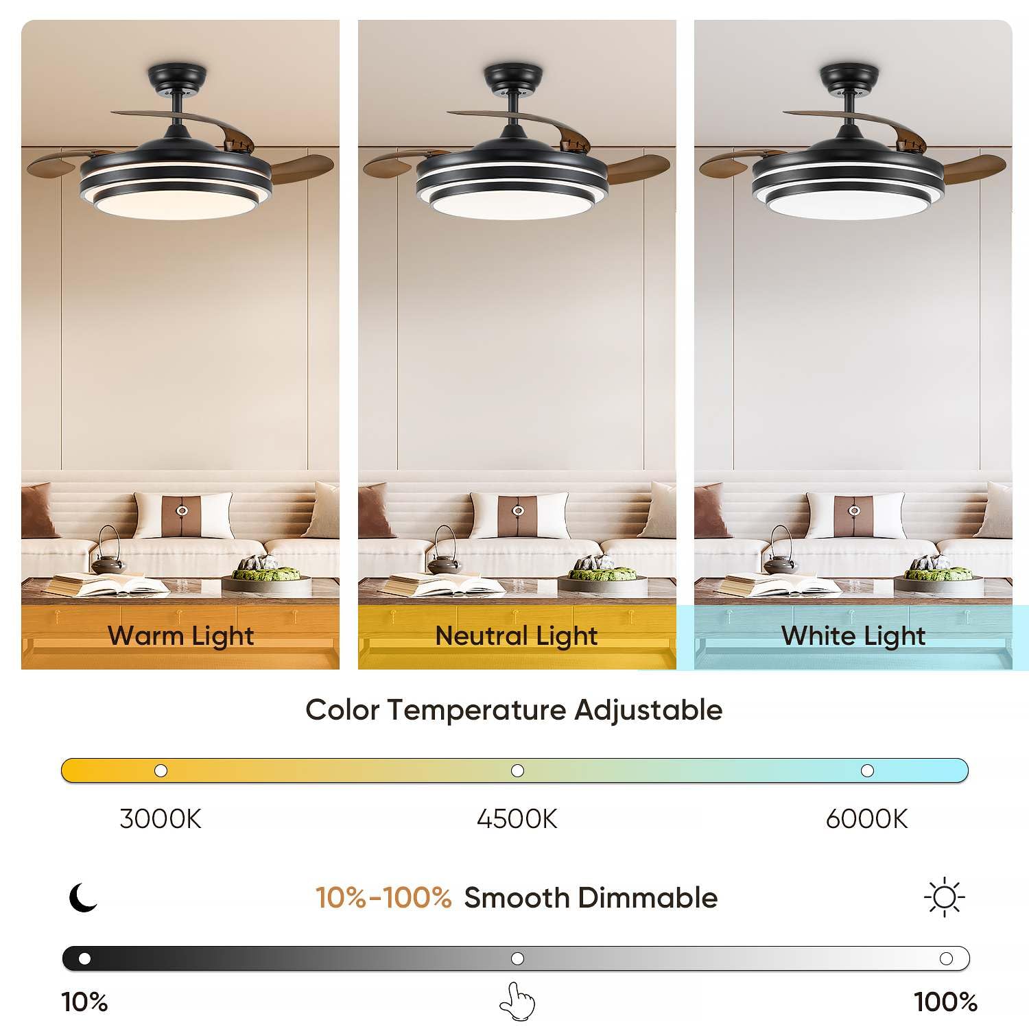 Fidgra 48 Inch Fandelier Ceiling Fan With Light, Retractable Ceiling Fan With Lights For Bedroom Living Room Dinning Room, Chand