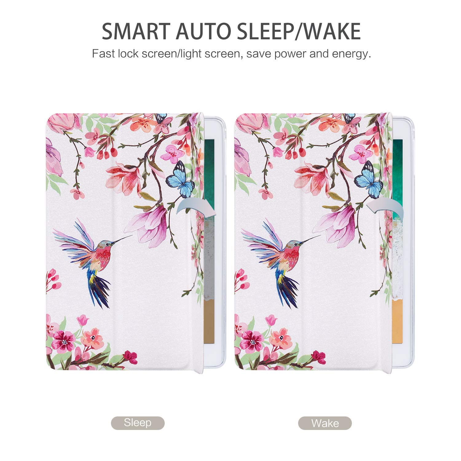 Ipad 5Th/6Th Generation, Ipad Air 2 , Ipad Air Hummingbird Case, Ipad 9.7 Flower Case Tri Fold Protective Cover, Multi Angle Vie