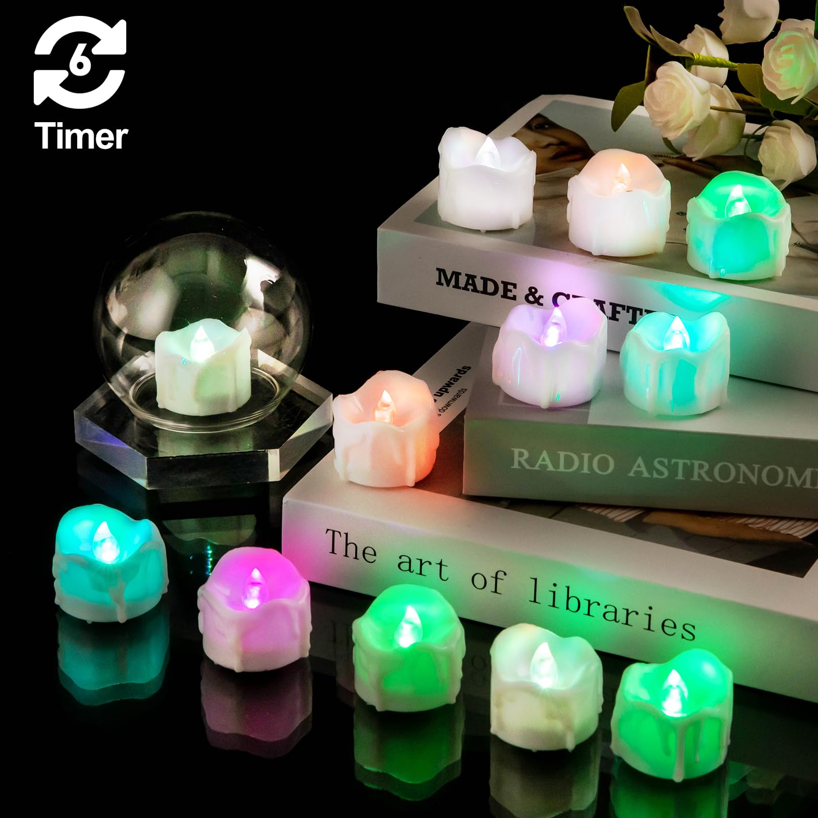 Windshell Color Changing Tealight Candles With Timer (White Base), Melting Design (Plastic), Battery Operated Multicolor Led Fla