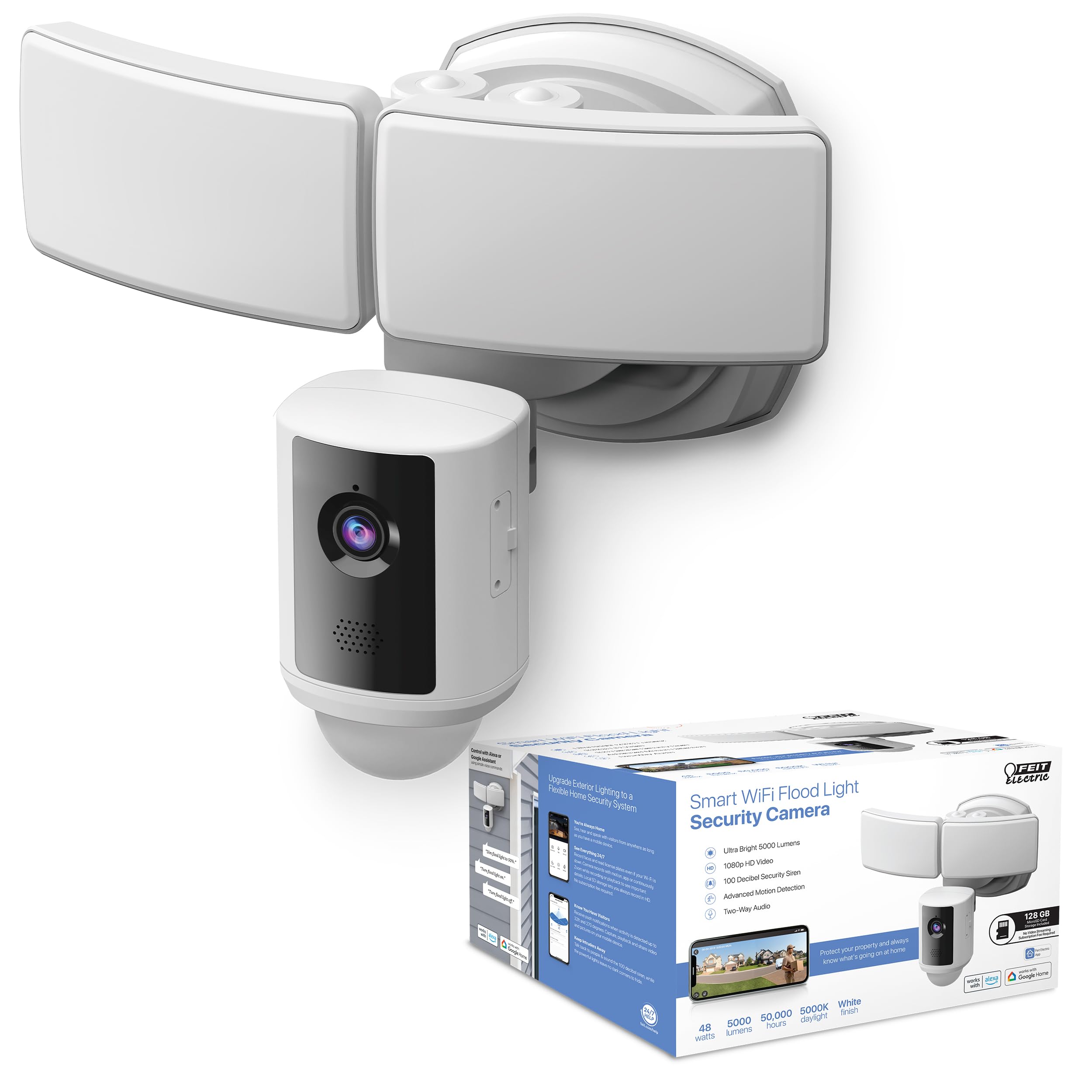 Feit Electric Sec5000/Cam/Wifi Outdoor Led Smart Security Camera With Motion Sensor, 2 Way Audio, 5000 Lumens Floodlight, Works With Alexa And Google Asst, Alarm, Hardwired, Updated Version Of Sec3000