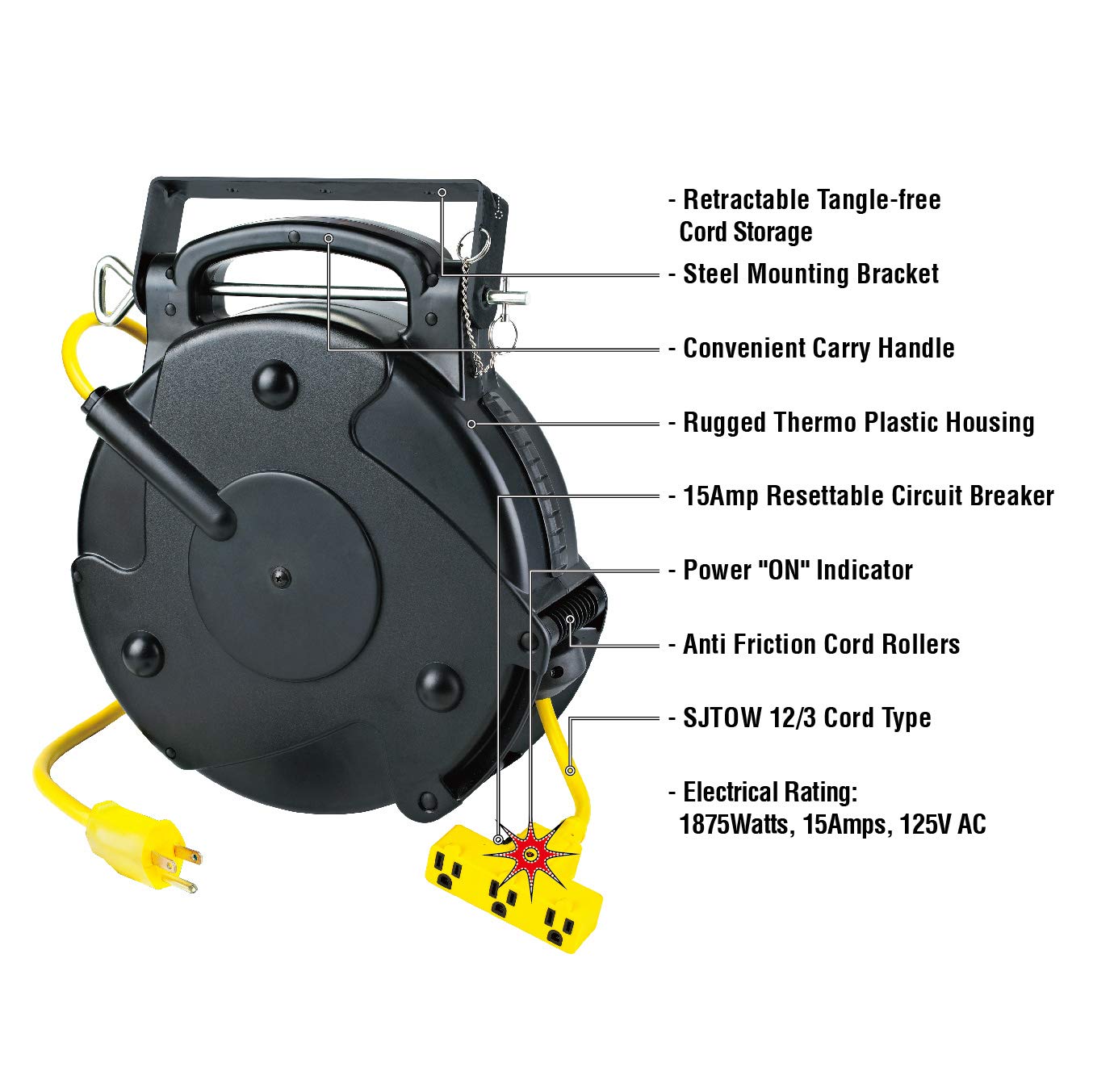 Alert Proreel Pro Grade 8140Tp Heavy Duty Retractable Extension Cord Reel | 40'   12/3 Sjtow Electrical Retracting Cord | Tri Tap Grounded Outlet With Power Light | 15 Amp Resettable Circuit Breaker