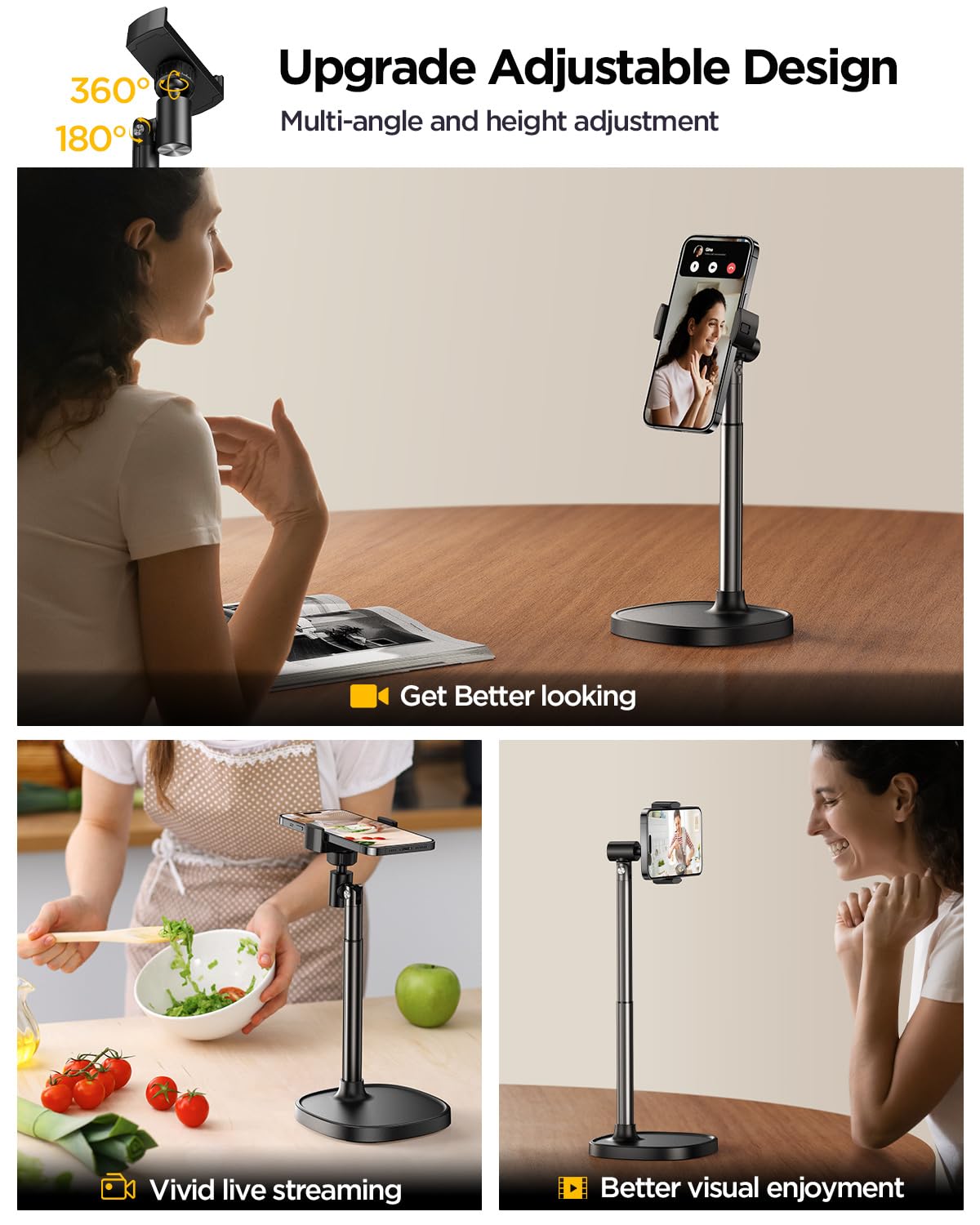 Dimoncoat Cell Phone Stand For Desk, Angle Height Adjustable Phone Holder For Desk, Aluminum Alloy Universal Phone Stand Recordi