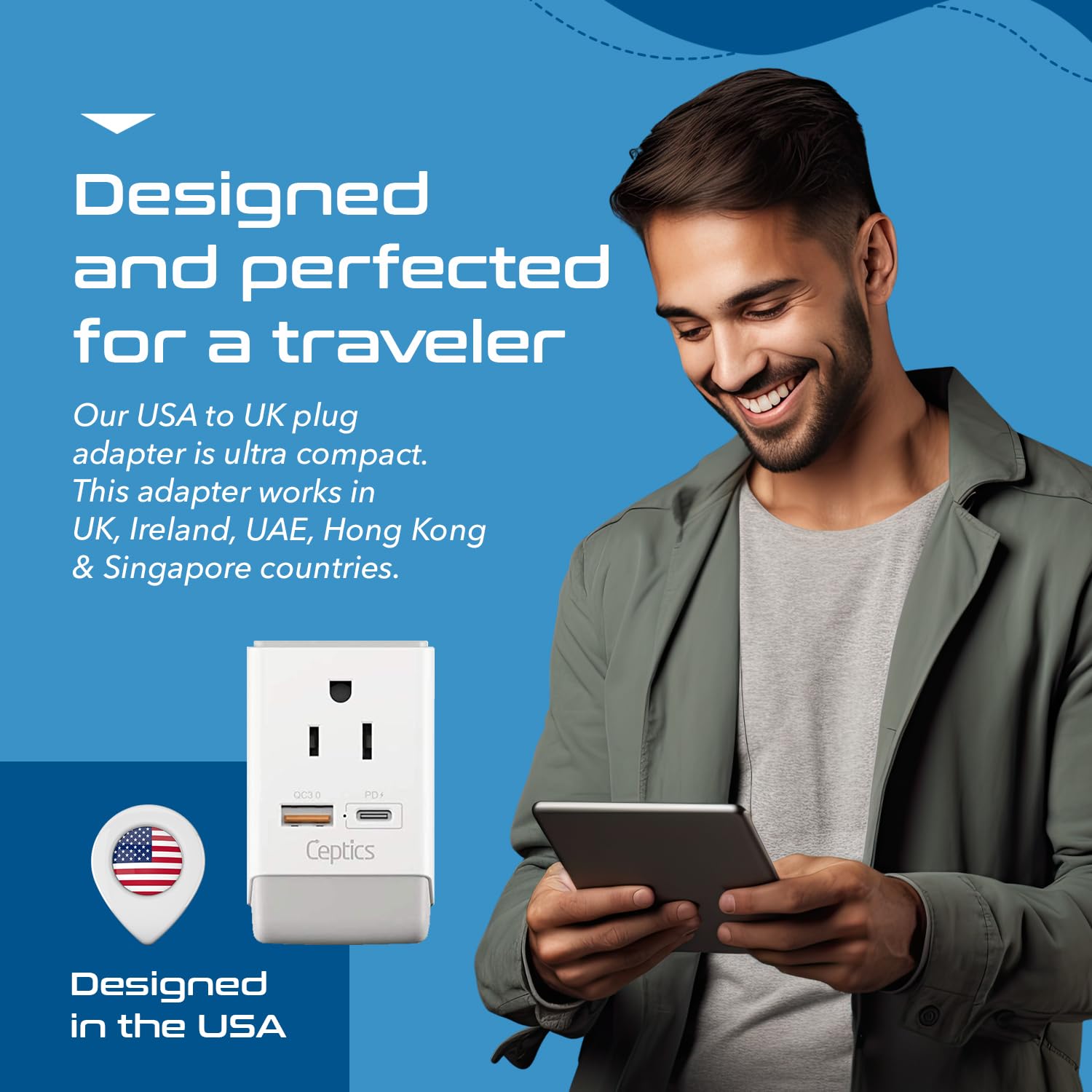 Ceptics Uk Ireland Power Plug Adapter 2 Pack Set, Qc 3.0 & Pd, Safe Dual Usb & Usb-C - 2 Usa Socket Compact & Powerful - Use In