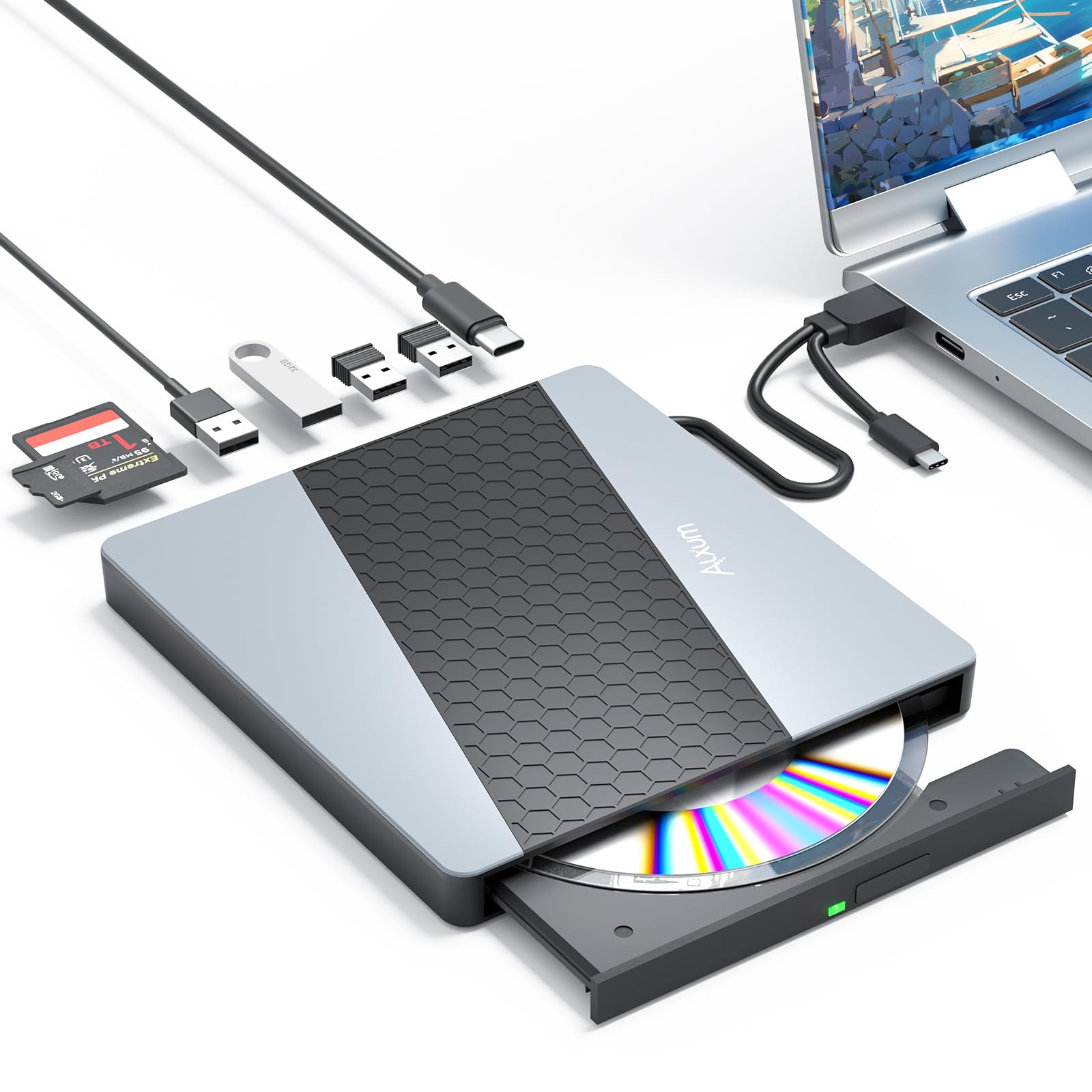 Alxum External Cd Drive, 8 In 1 External Dvd Drive For Laptop Portable Cd Player With Multiple Ports Support Faster Transfer Spe