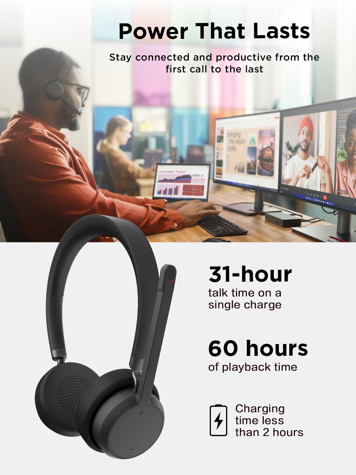 Lenovo Wireless Stereo Headset, Noise Cancelling Mic, Bluetooth 5.3 Multipoint, 31-Hour Talk & 60-Hour Playback, Lightweight 138