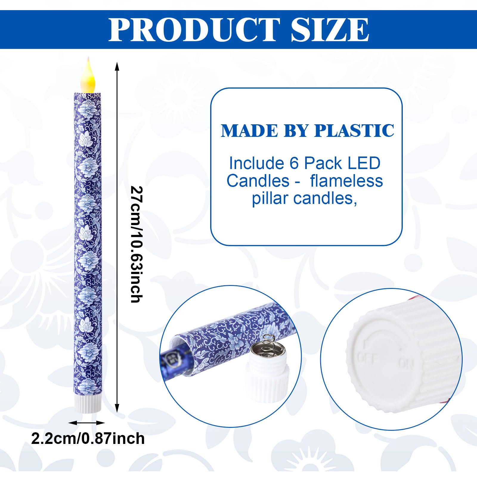 Baquler 6 Pcs Chinoiserie Flameless Candles 10.6 Inch Blue And White Battery Operated Led Candlesticks Chinoiserie Decor For Wed