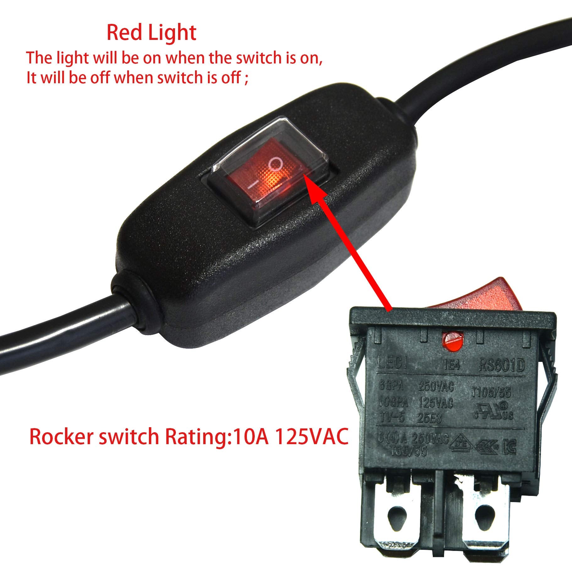 Filshu 6Ft 18 Gauge 3 Prong Ac Power Cord Cable With On Off Switch, Pigtail (Open End Wiring), Nema 5 15 Plug Us Sjtw 18Awg (10A