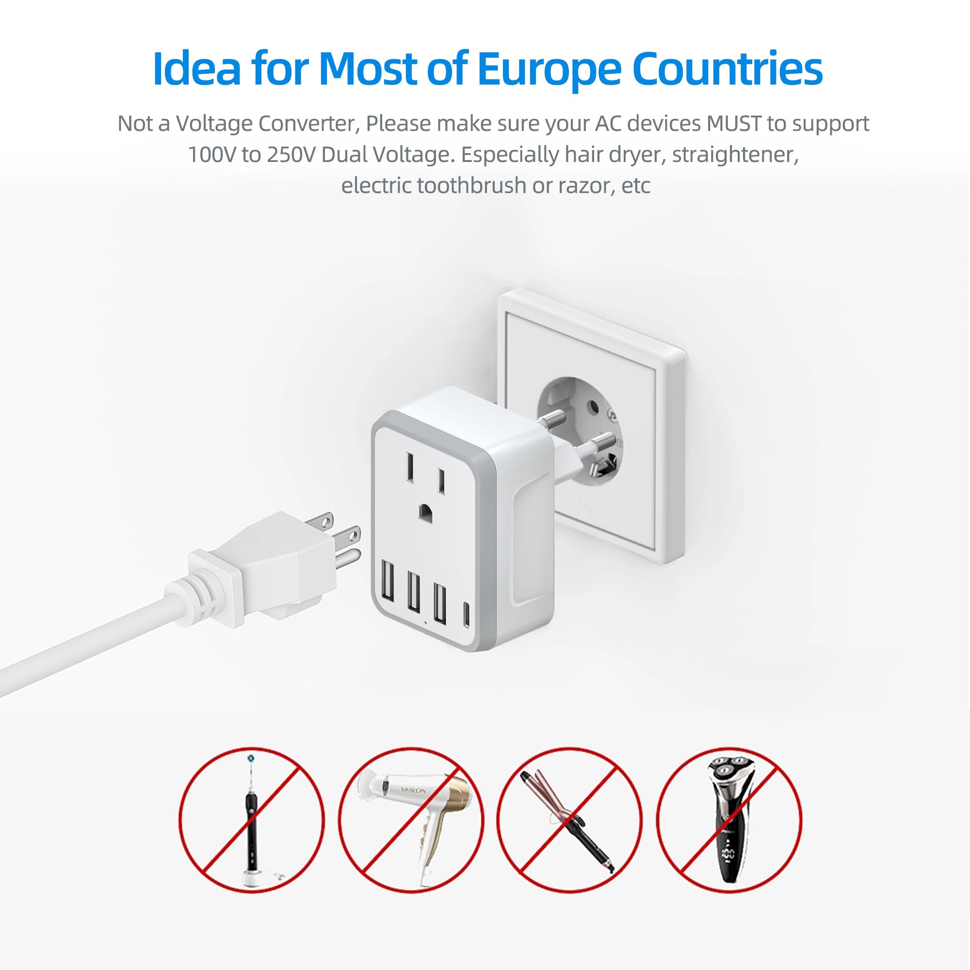 Yinleader European Travel Plug Adapter Usb C International Plug Adapter With Ac Outlet And 3 Usb Ports, Type C Power Adaptor Cha