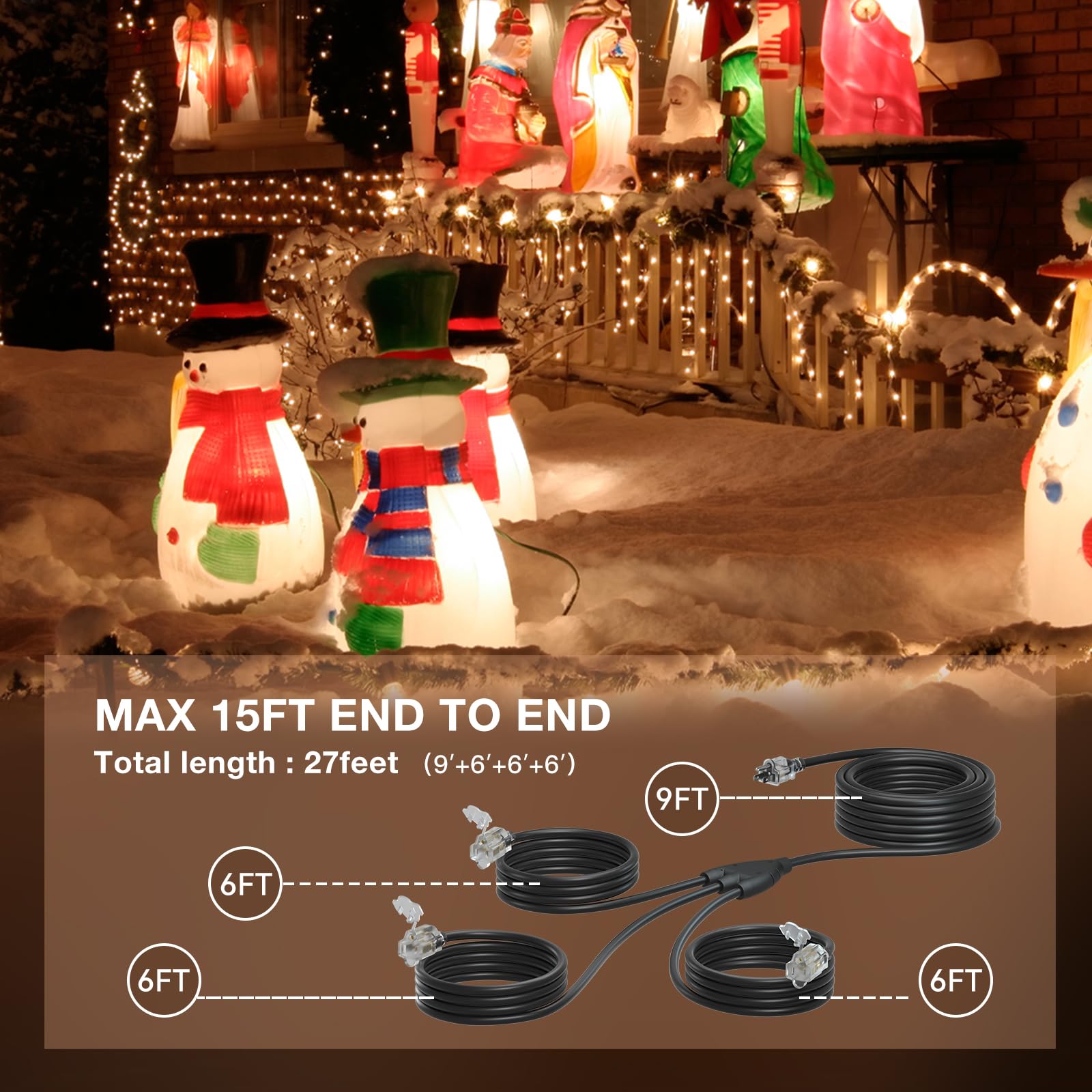 Addlon 27Ft Outdoor Extension Cord With Multiple Outlets, 1 To 3 Splitter Total 27Ft(Max Length 15Ft From End To End), 16/3 Sjtw