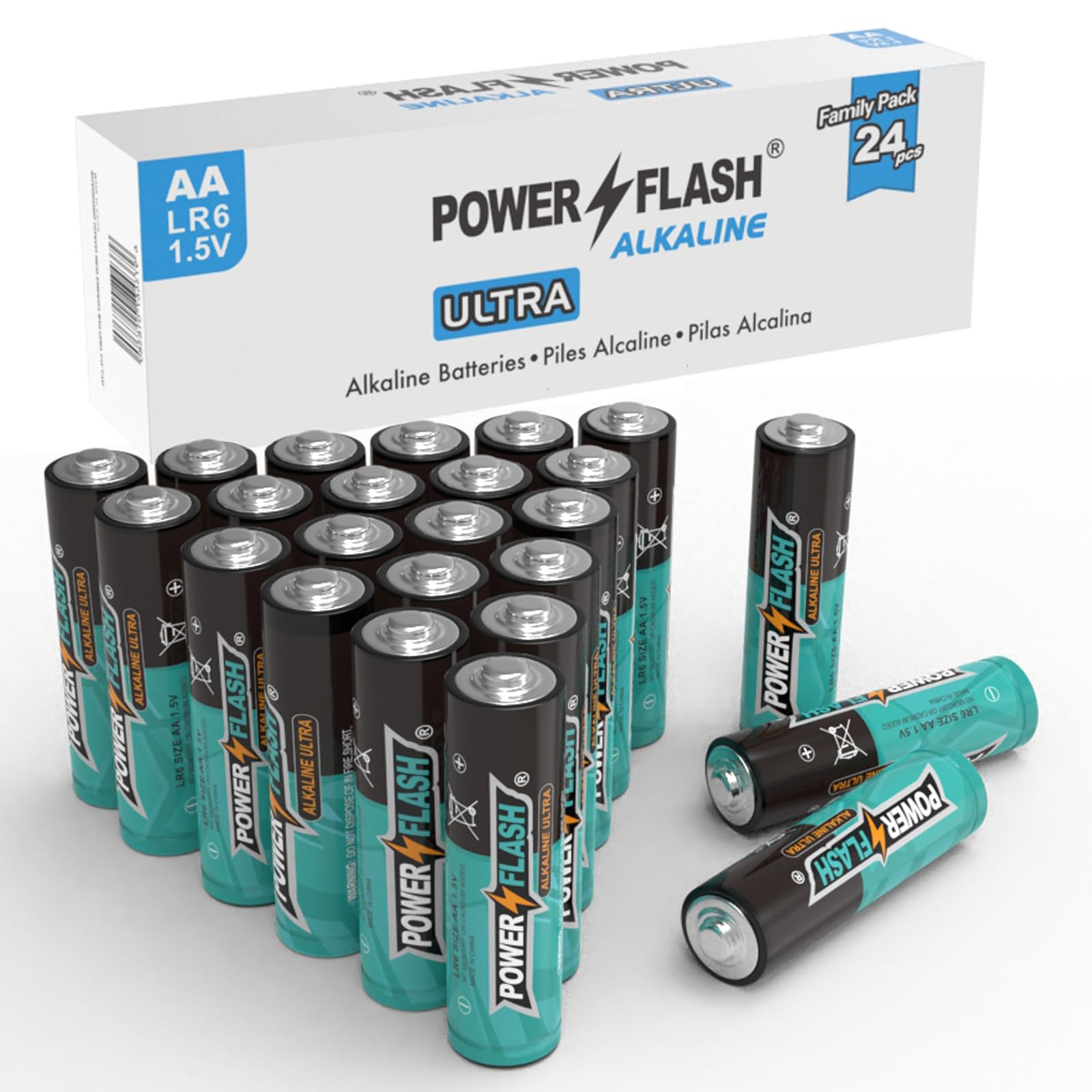 POWER FLASH AA Batteries with Fresh Date - 24 Industrial Pack - Ultra Long Lasting All Purpose Double A Alkaline Battery (24 Cou