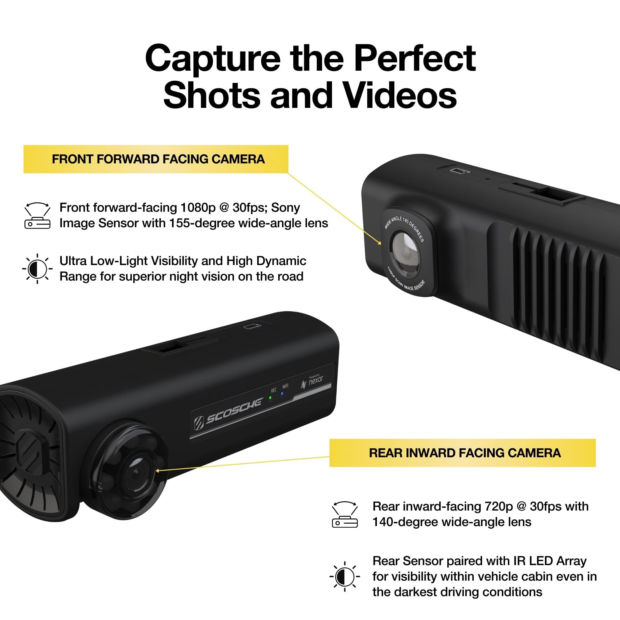 Scosche NEXC2128 XCES0 Full HD Two Way Smart Dash Cam Powered by Nexar with Suction Cup and 128GB Memory