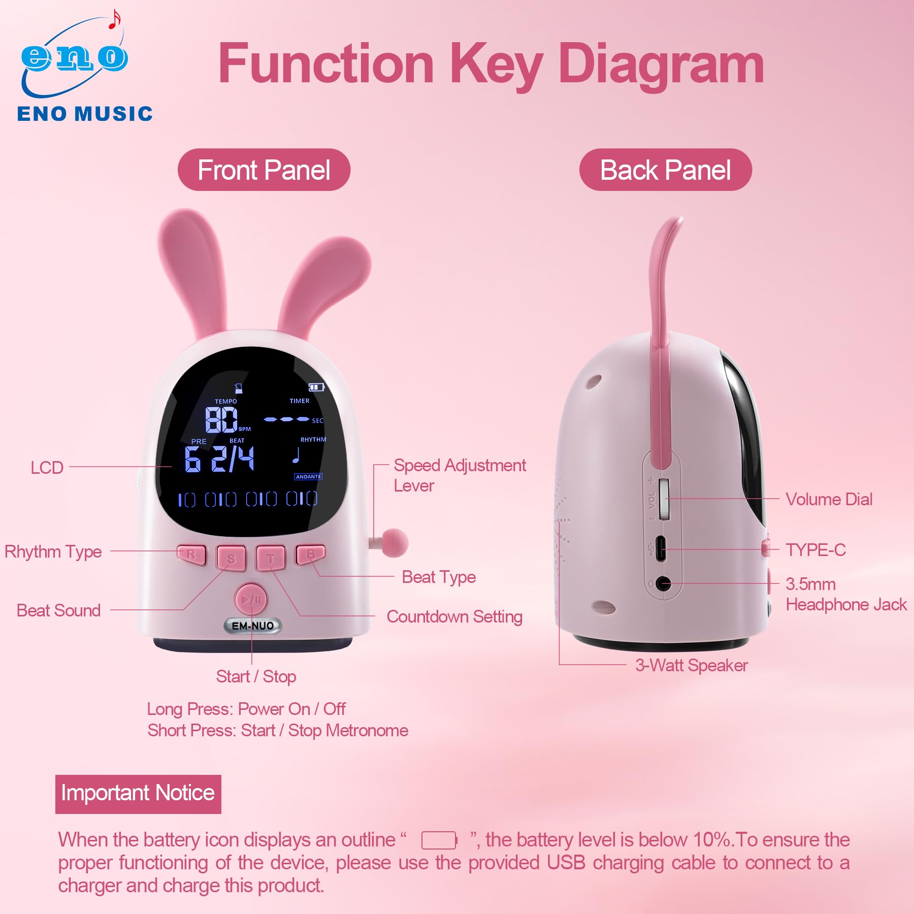 Eno Music Easy Control Rechargeable Electric Metronome For Acoustic Guitar Violin Ukulele Players With Big Sound